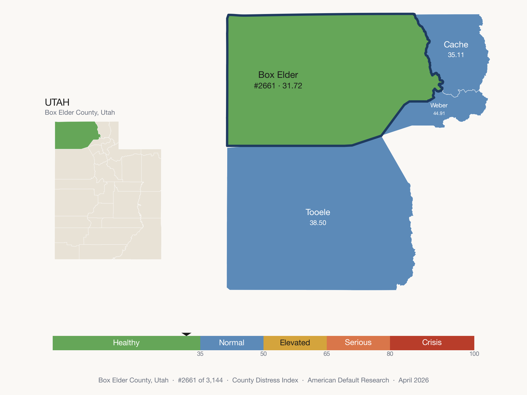 County Distress Index cluster map. Box Elder County, Utah and its neighbors colored by distress fifth.