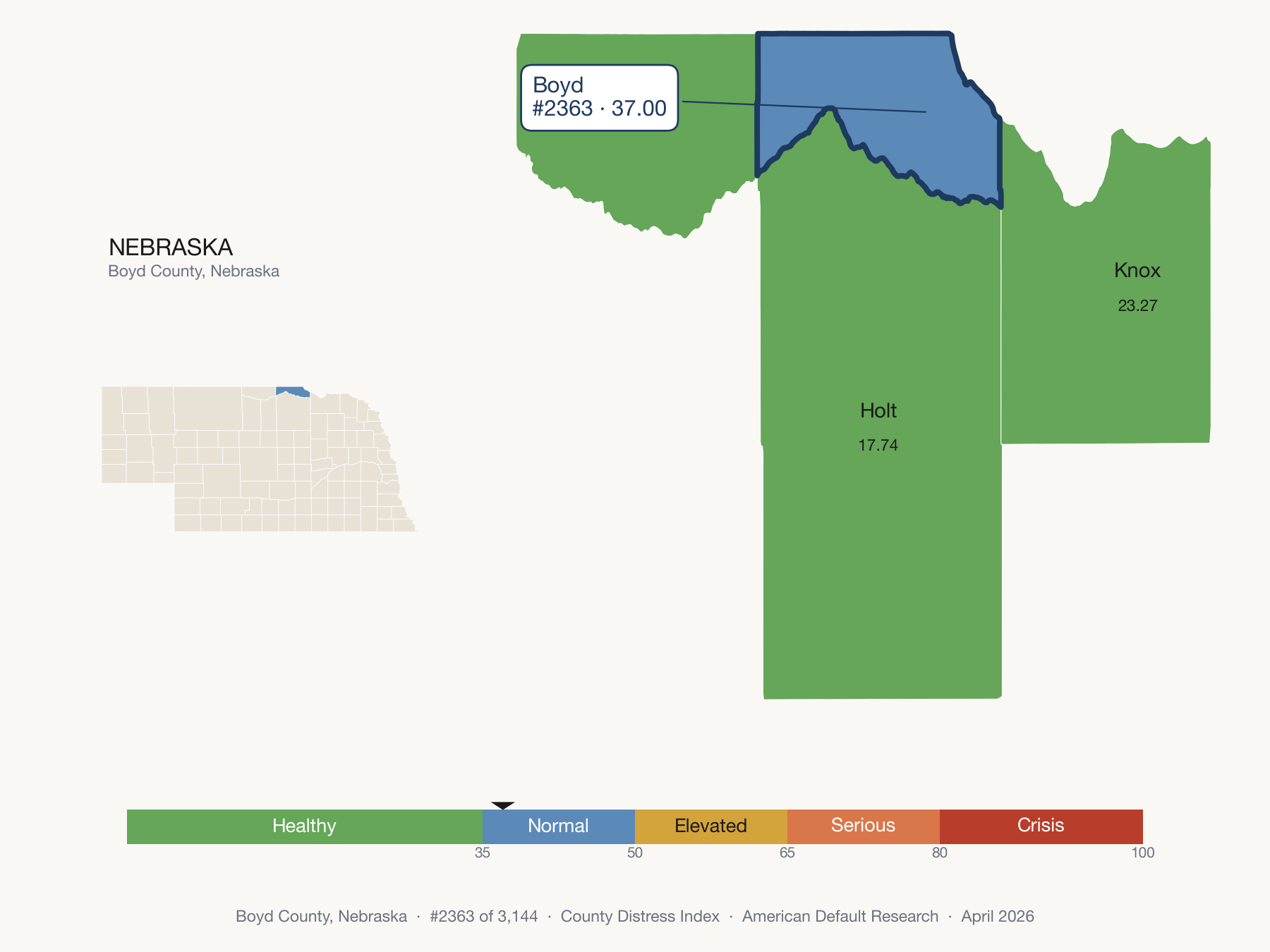 County Distress Index cluster map. Boyd County, Nebraska and its neighbors colored by distress fifth.