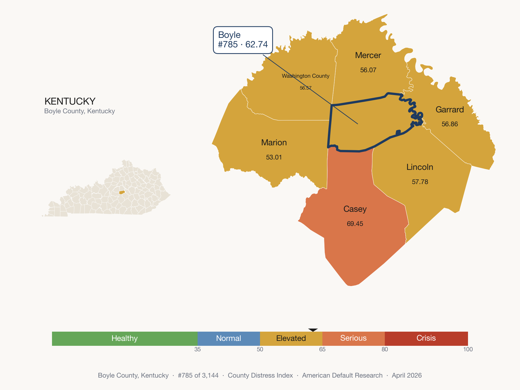County Distress Index cluster map. Boyle County, Kentucky and its neighbors colored by distress fifth.
