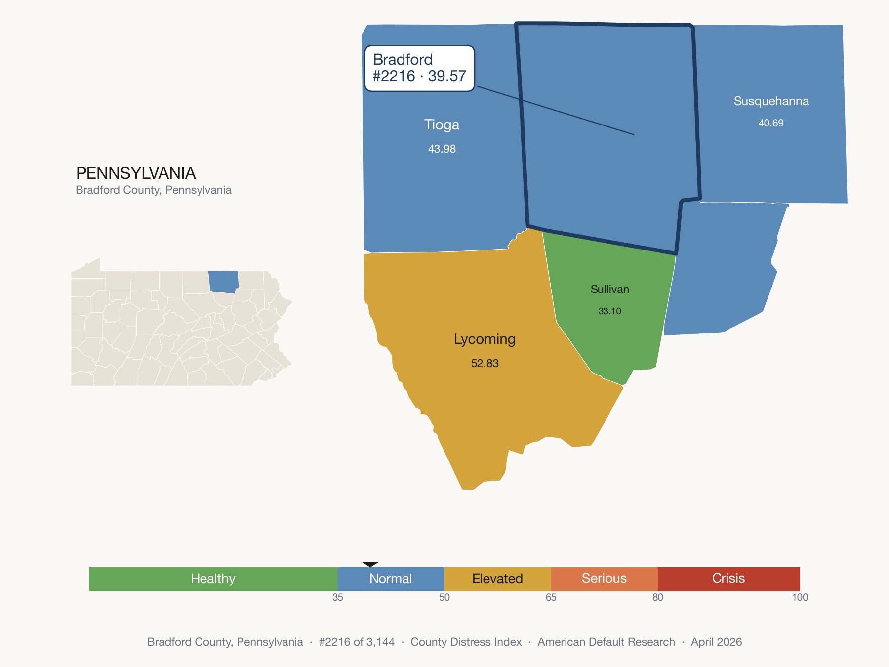 County Distress Index cluster map. Bradford County, Pennsylvania and its neighbors colored by distress fifth.