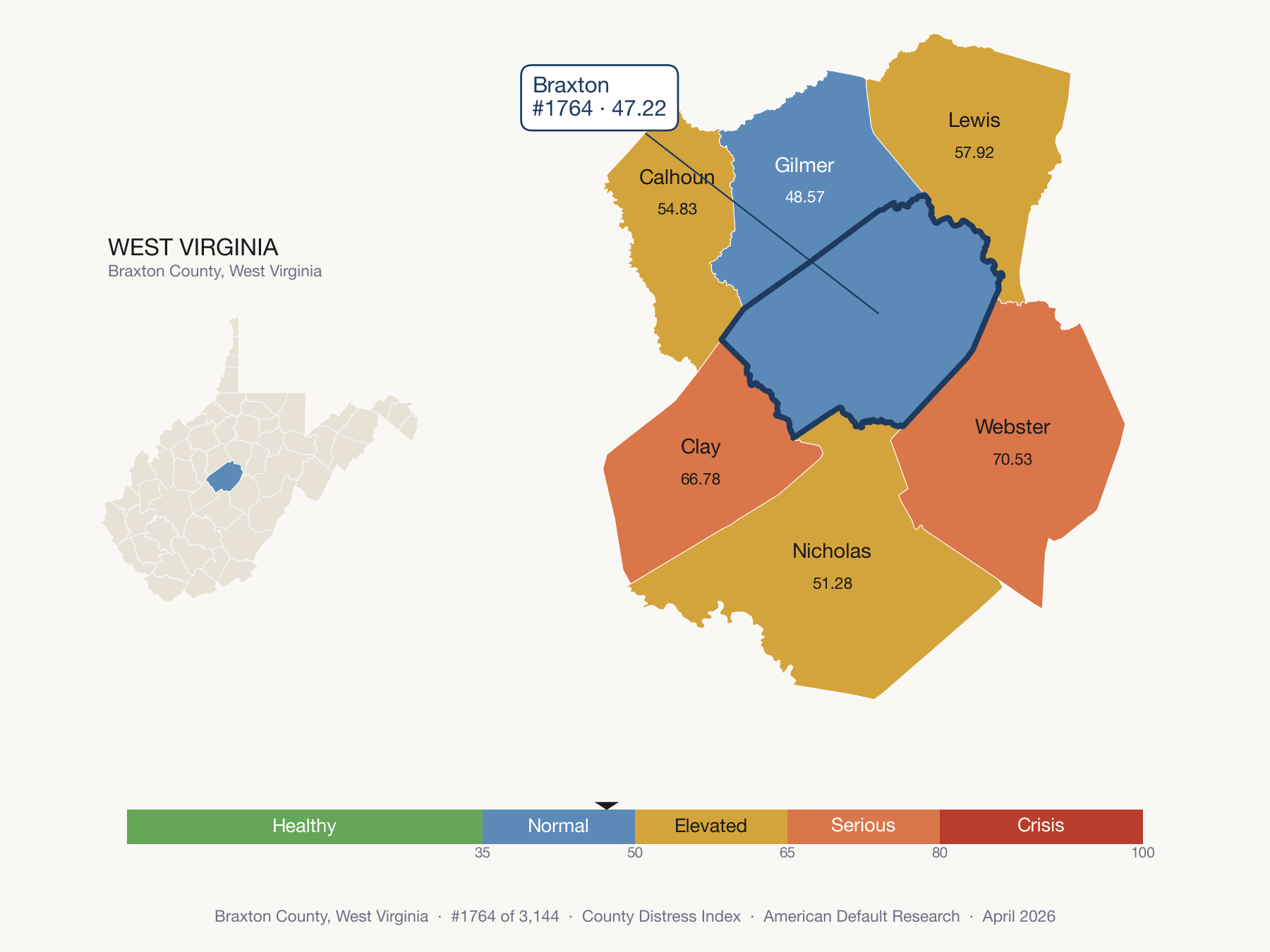 County Distress Index cluster map. Braxton County, West Virginia and its neighbors colored by distress fifth.