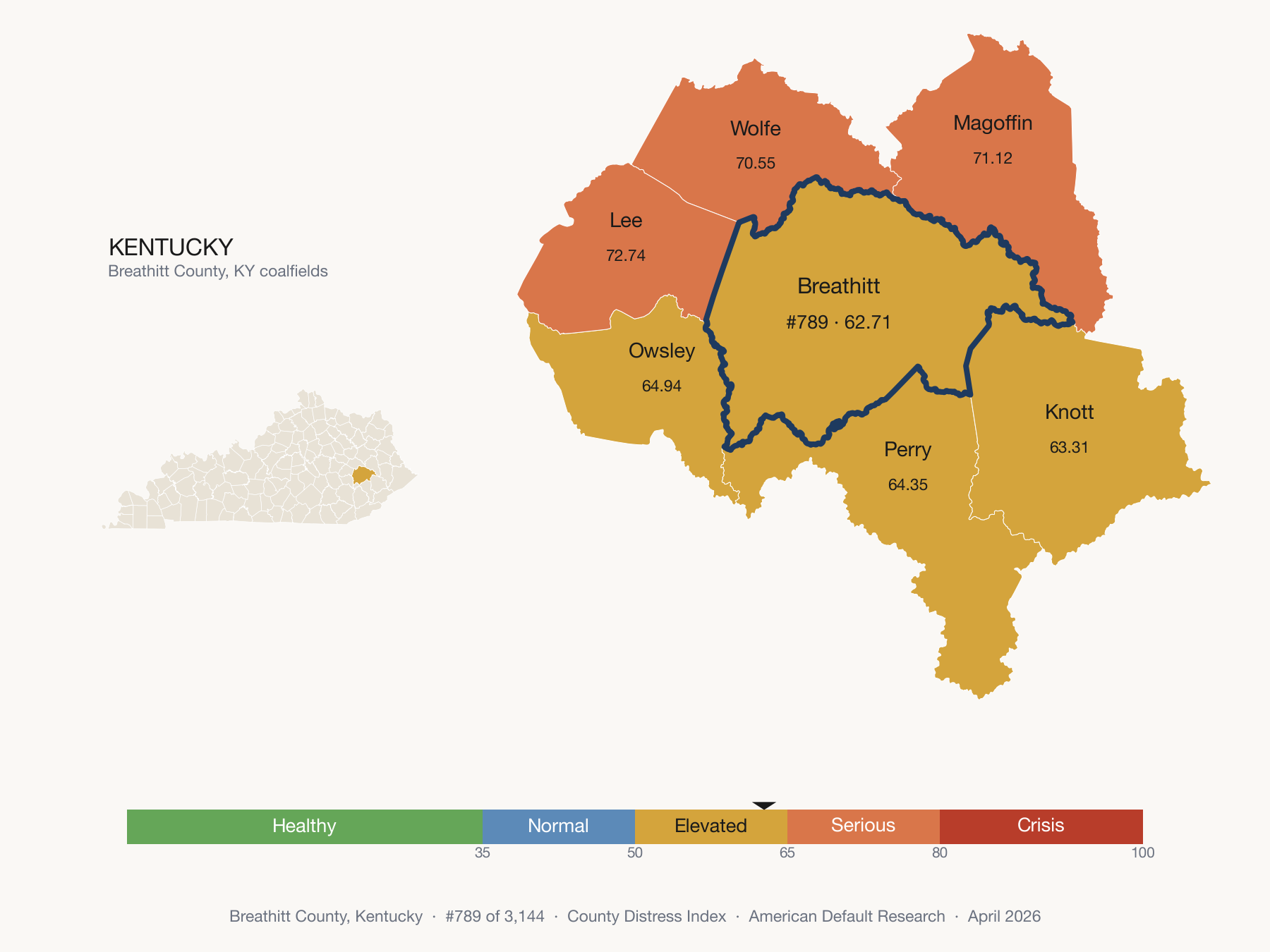 County Distress Index cluster map. Breathitt County, Kentucky and its neighbors colored by distress fifth.