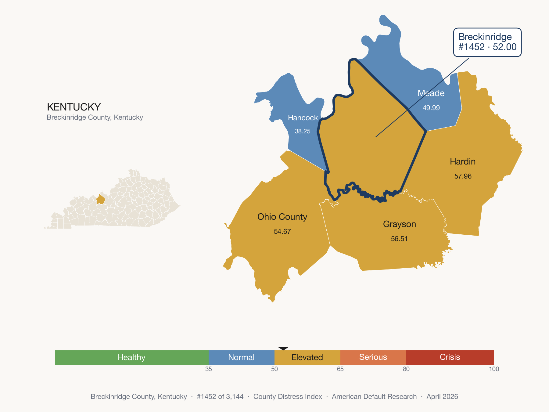 County Distress Index cluster map. Breckinridge County, Kentucky and its neighbors colored by distress zone.