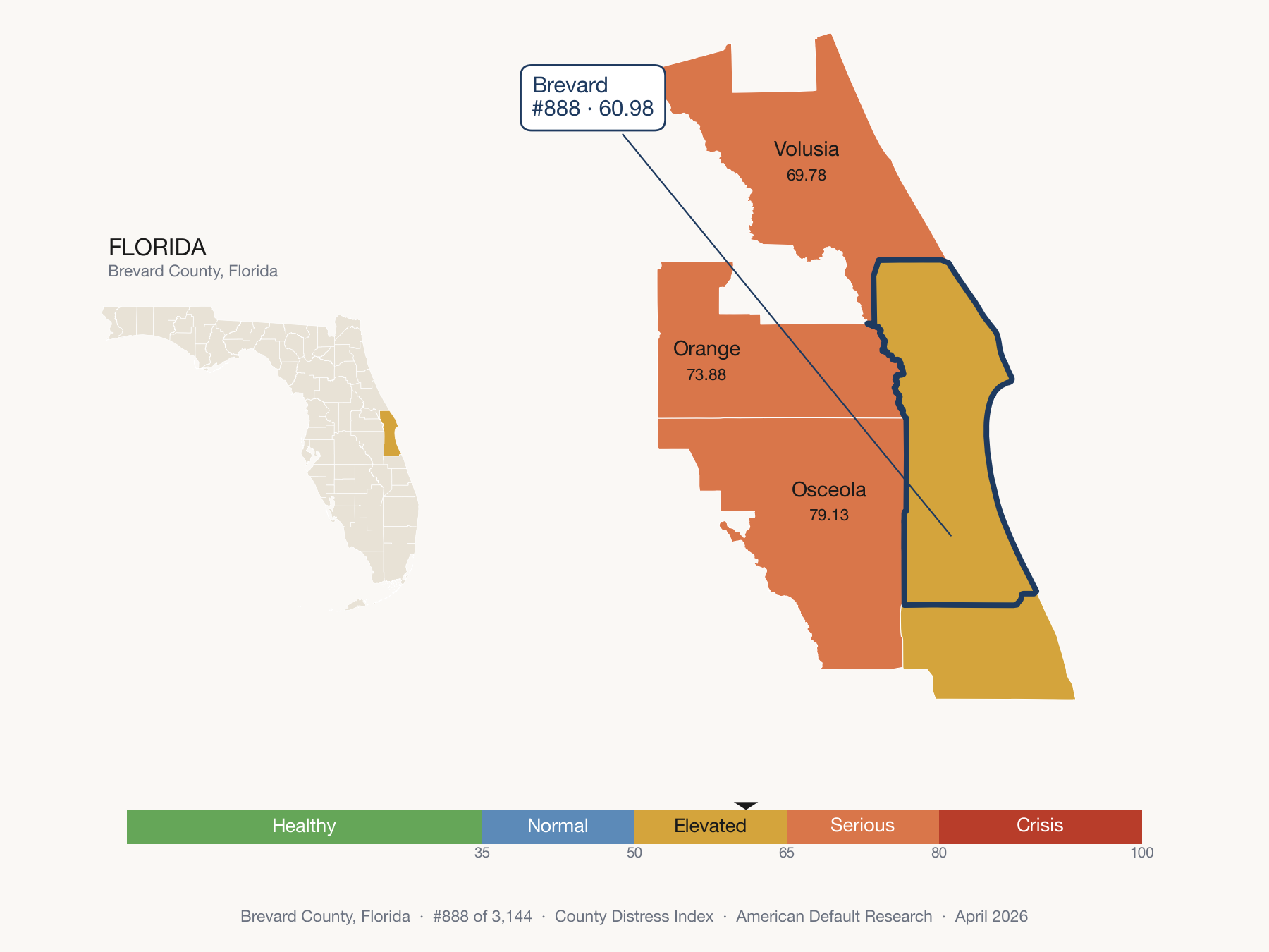 County Distress Index cluster map. Brevard County, Florida and its neighbors colored by distress fifth.