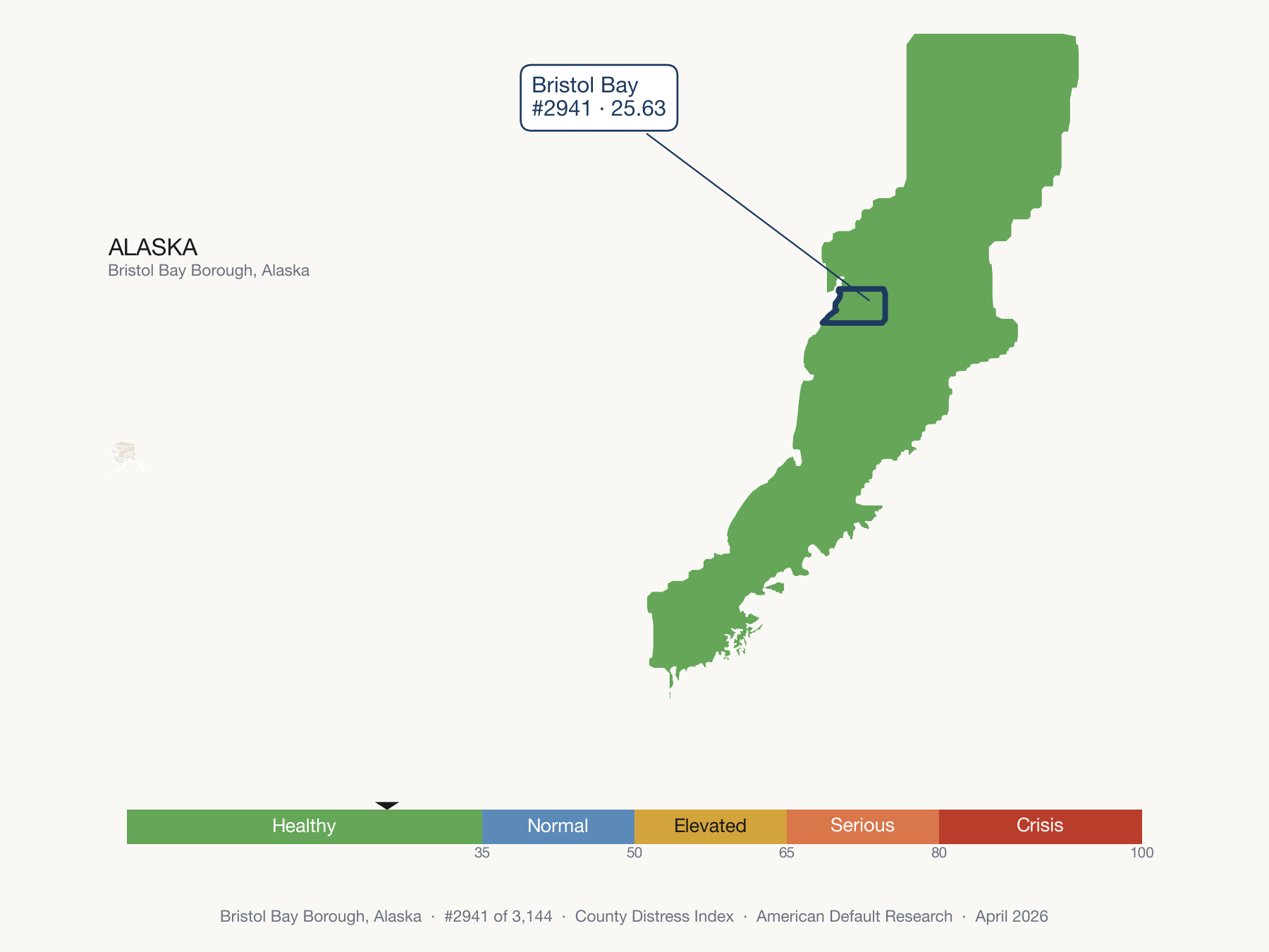 County Distress Index cluster map. Bristol Bay Borough, Alaska and its neighbors colored by distress zone.