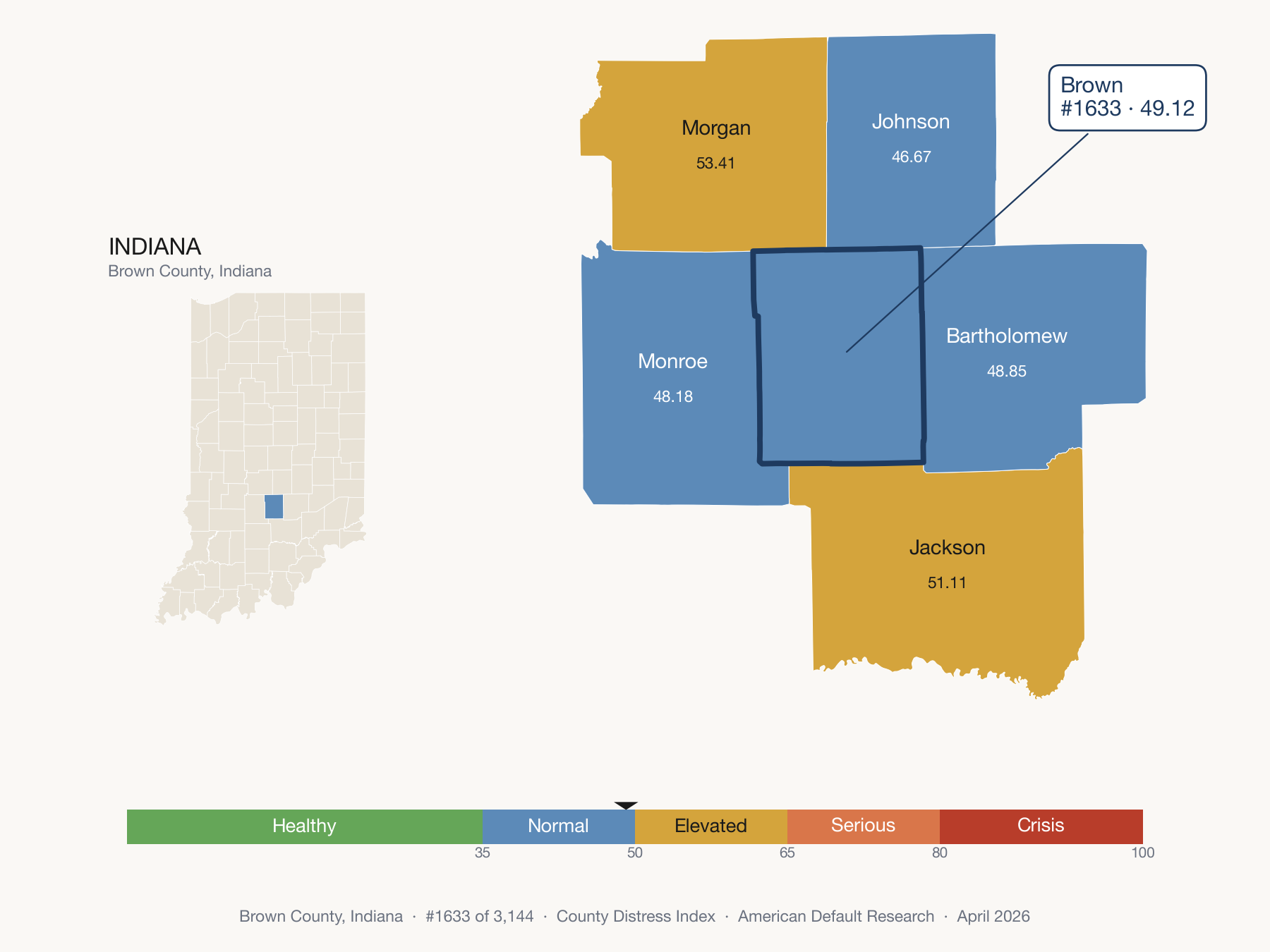County Distress Index cluster map. Brown County, Indiana and its neighbors colored by distress zone.