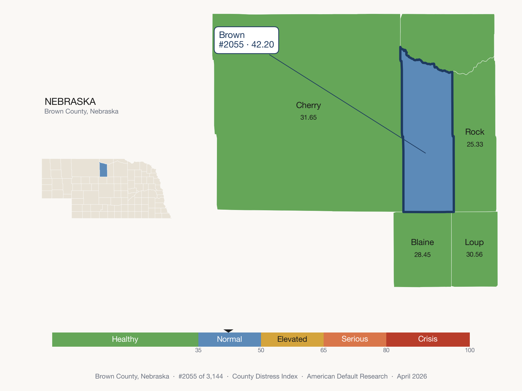 County Distress Index cluster map. Brown County, Nebraska and its neighbors colored by distress zone.