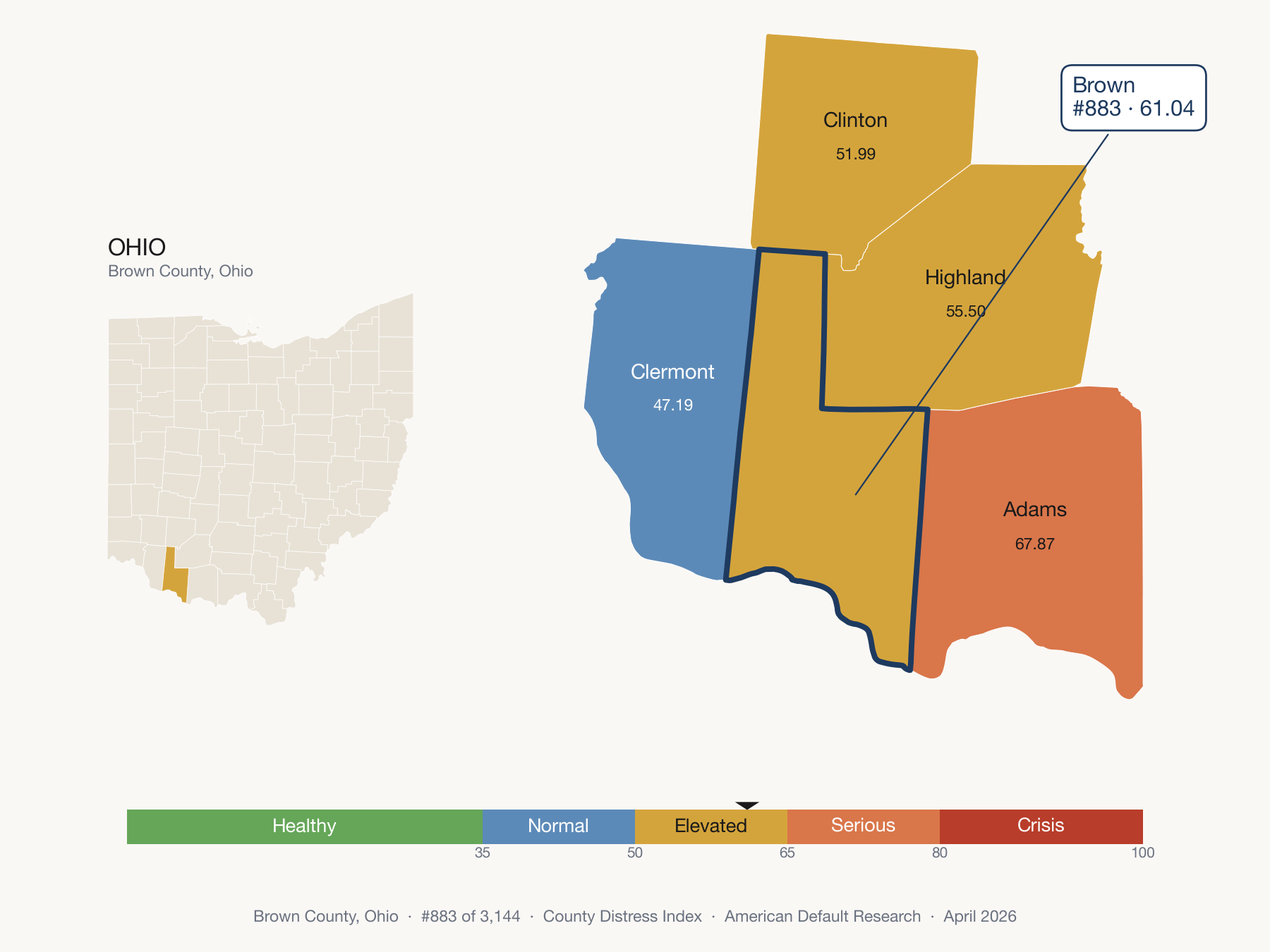 County Distress Index cluster map. Brown County, Ohio and its neighbors colored by distress fifth.