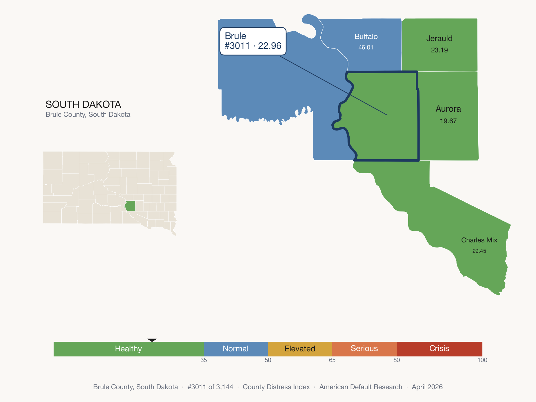 County Distress Index cluster map. Brule County, South Dakota and its neighbors colored by distress zone.
