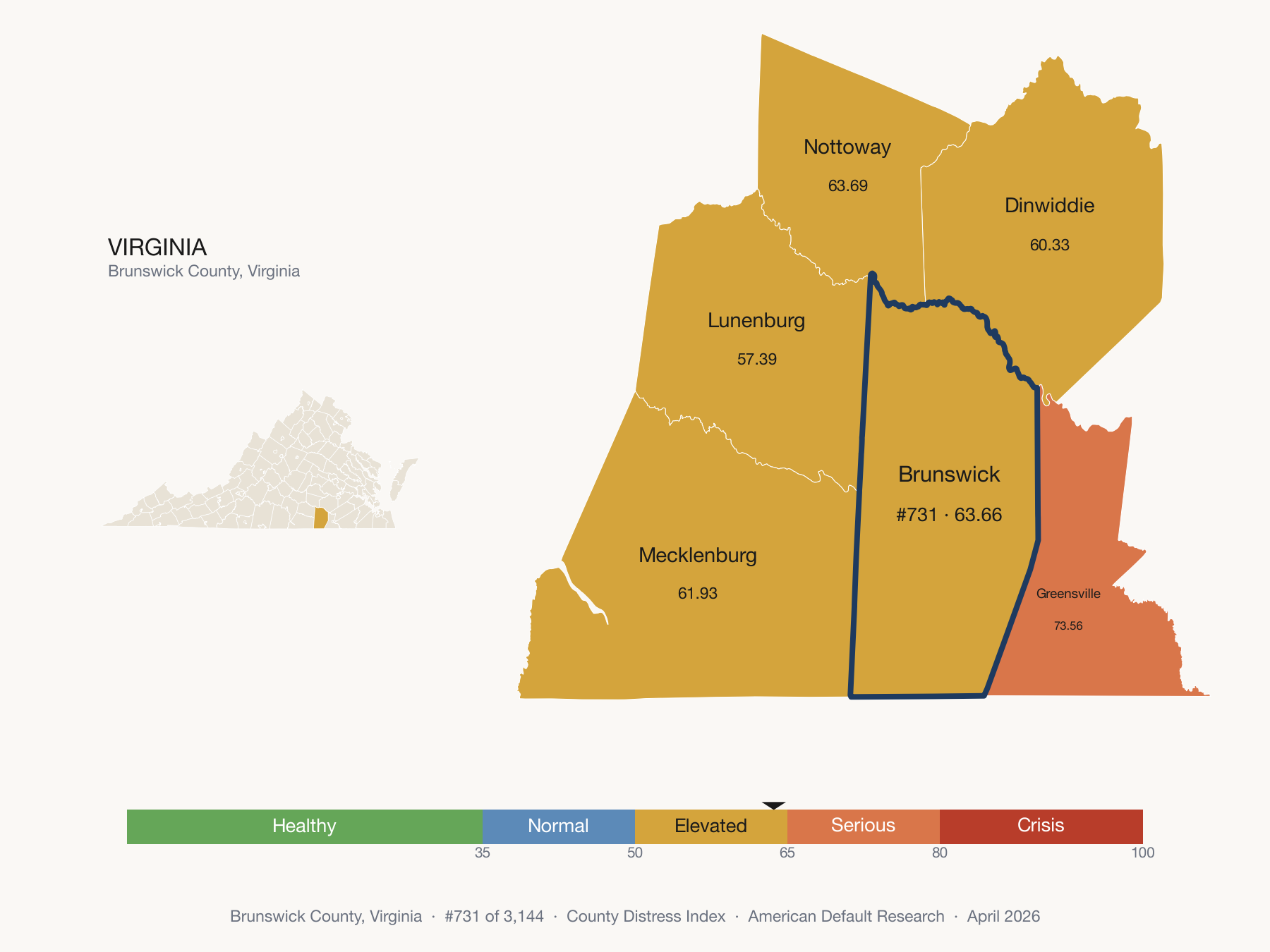 County Distress Index cluster map. Brunswick County, Virginia and its neighbors colored by distress fifth.