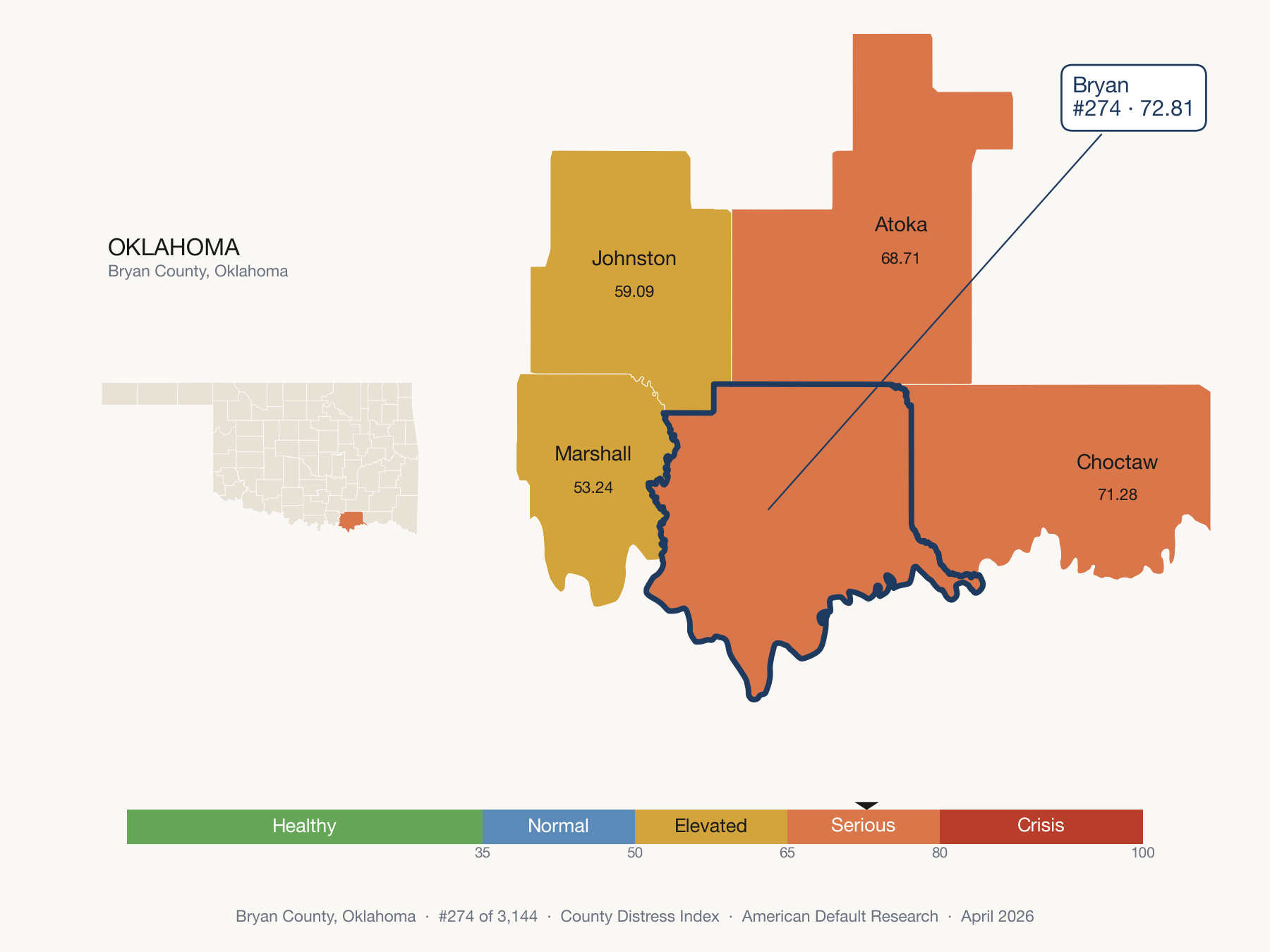 County Distress Index cluster map. Bryan County, Oklahoma and its neighbors colored by distress fifth.