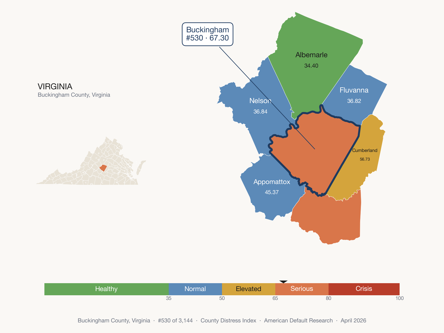 County Distress Index cluster map. Buckingham County, Virginia and its neighbors colored by distress fifth.