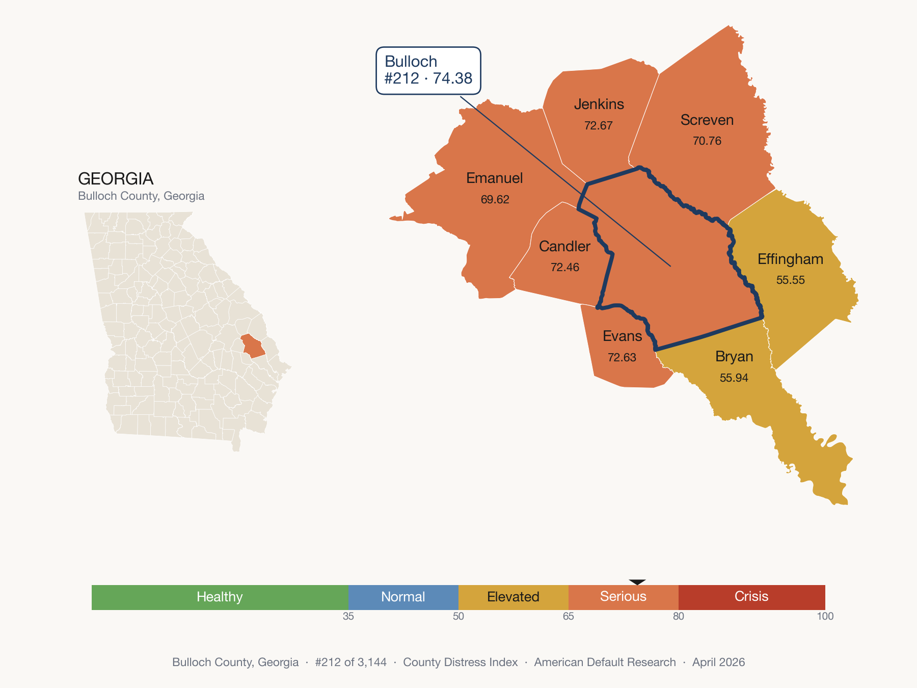 County Distress Index cluster map. Bulloch County, Georgia and its neighbors colored by distress fifth.