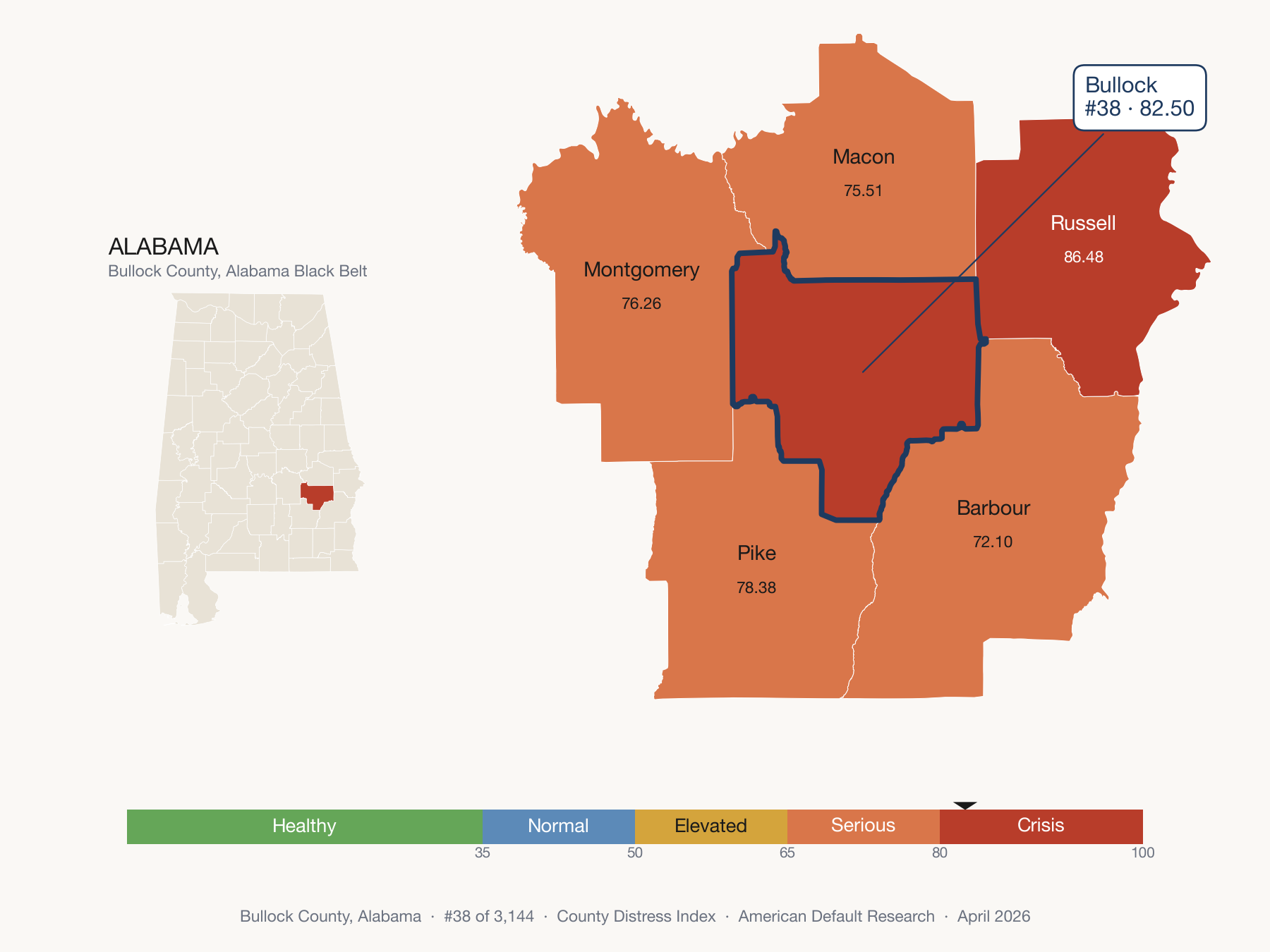 County Distress Index cluster map. Bullock County, Alabama and its neighbors colored by distress fifth.