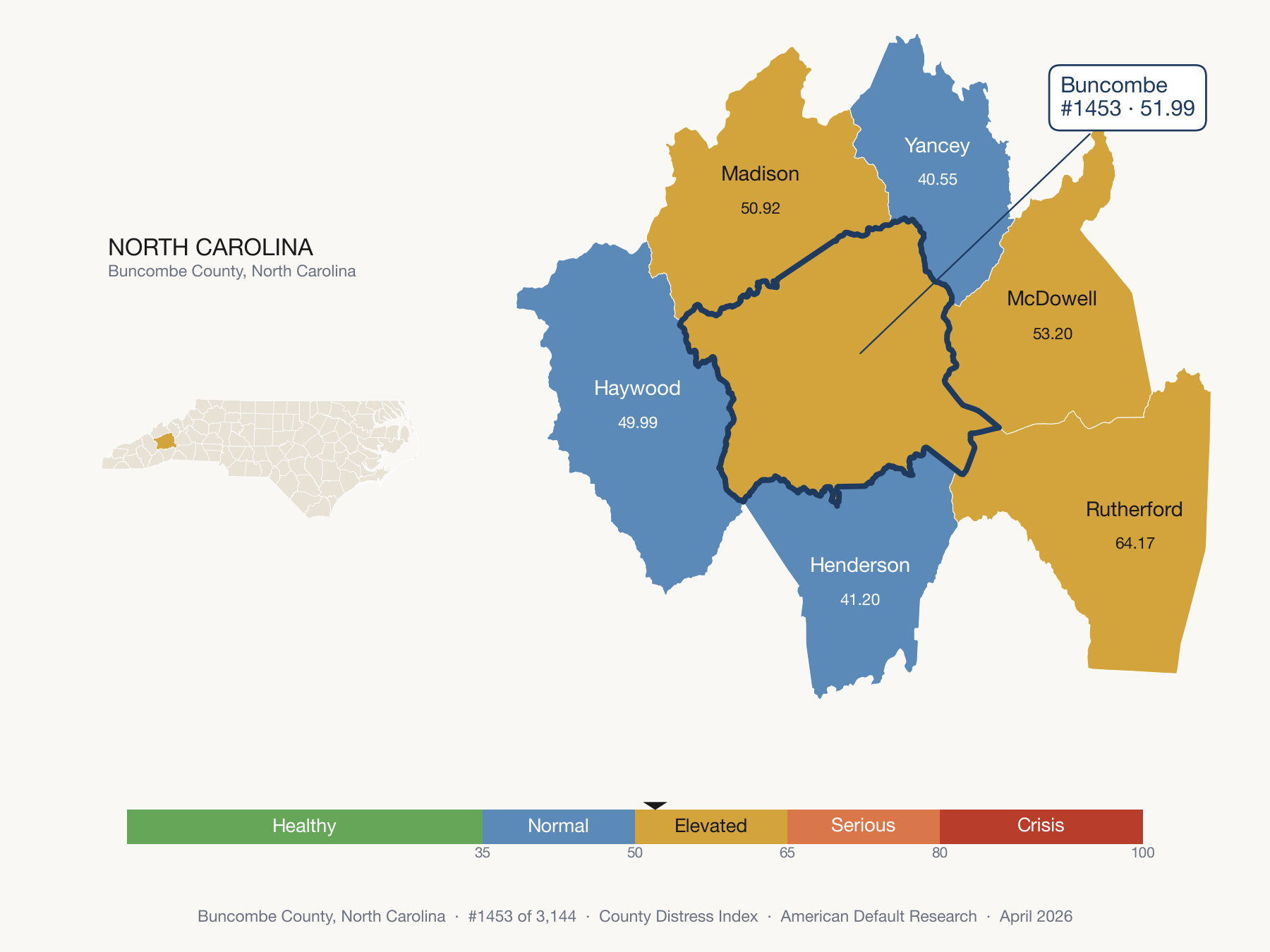 County Distress Index cluster map. Buncombe County, North Carolina and its neighbors colored by distress zone.