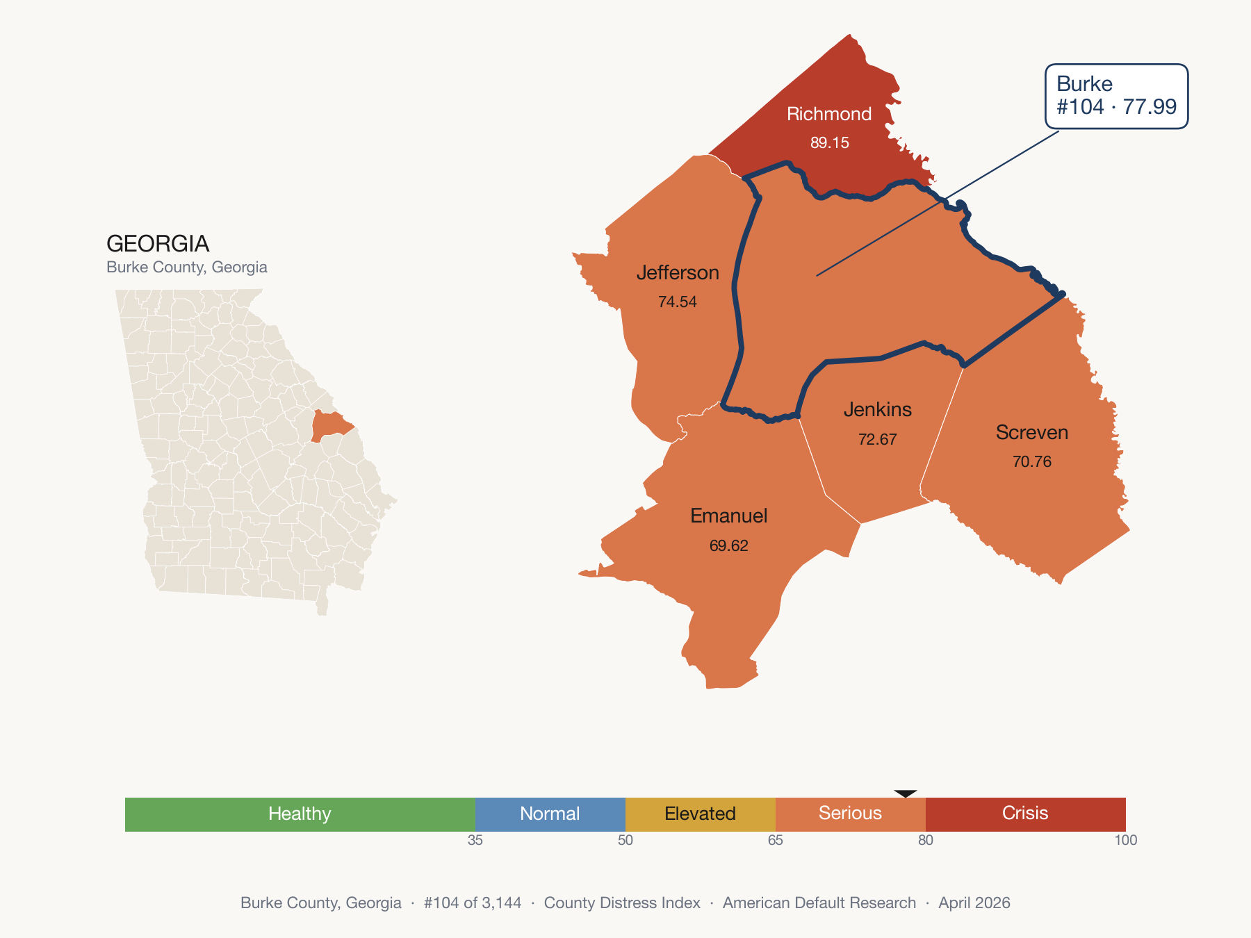 County Distress Index cluster map. Burke County, Georgia and its neighbors colored by distress fifth.