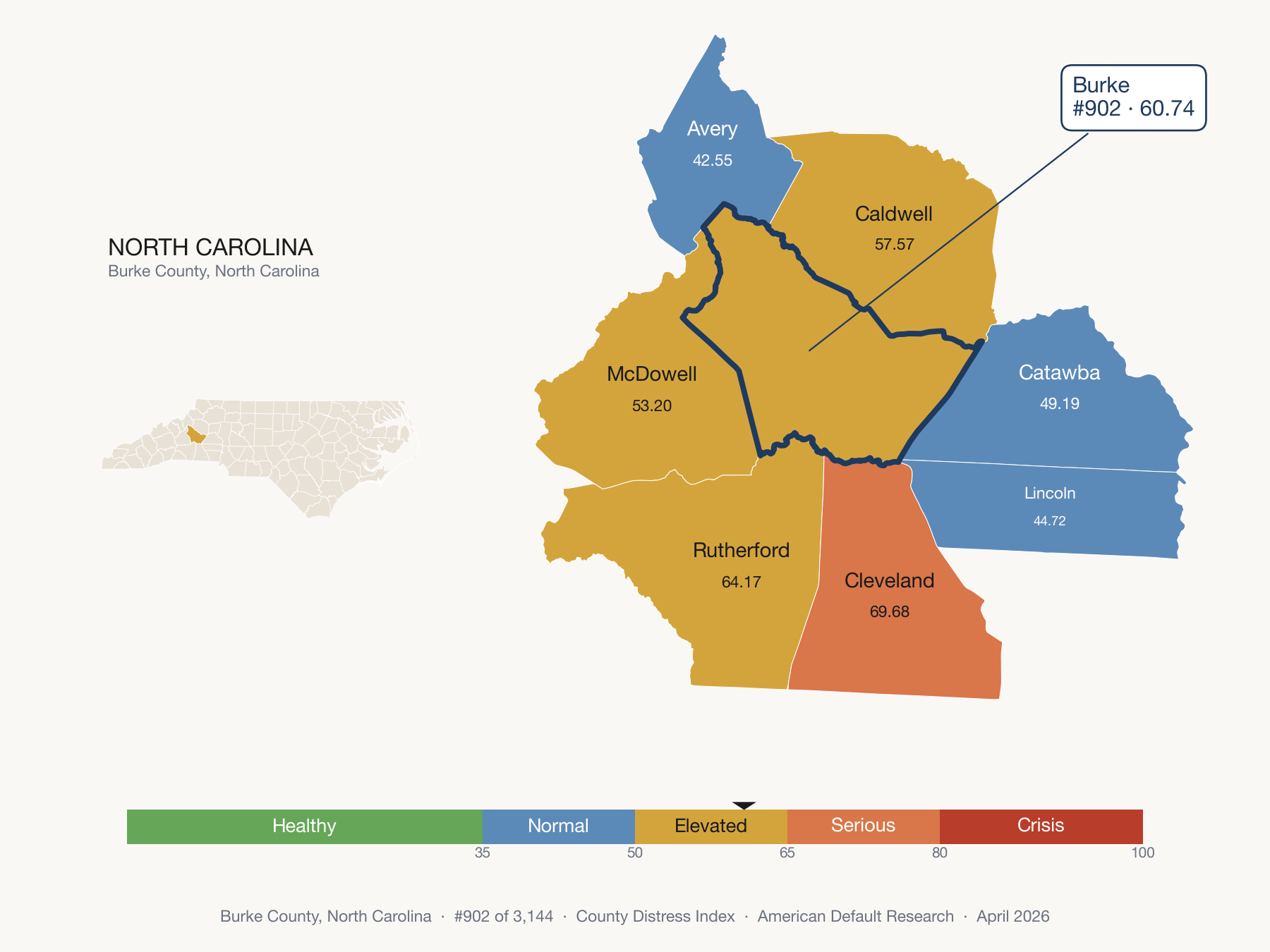 County Distress Index cluster map. Burke County, North Carolina and its neighbors colored by distress fifth.