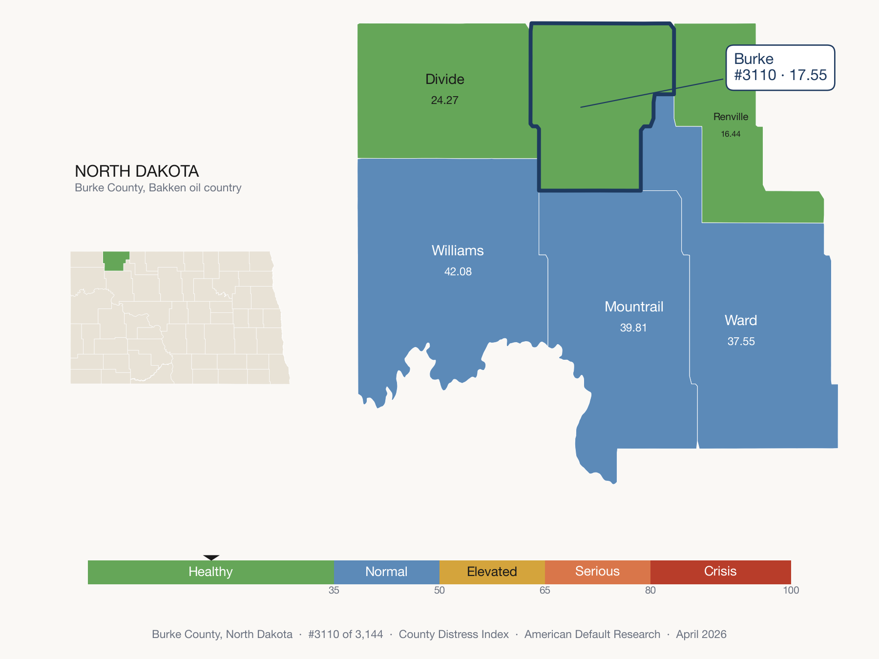 County Distress Index cluster map. Burke County, North Dakota and its neighbors colored by distress zone.