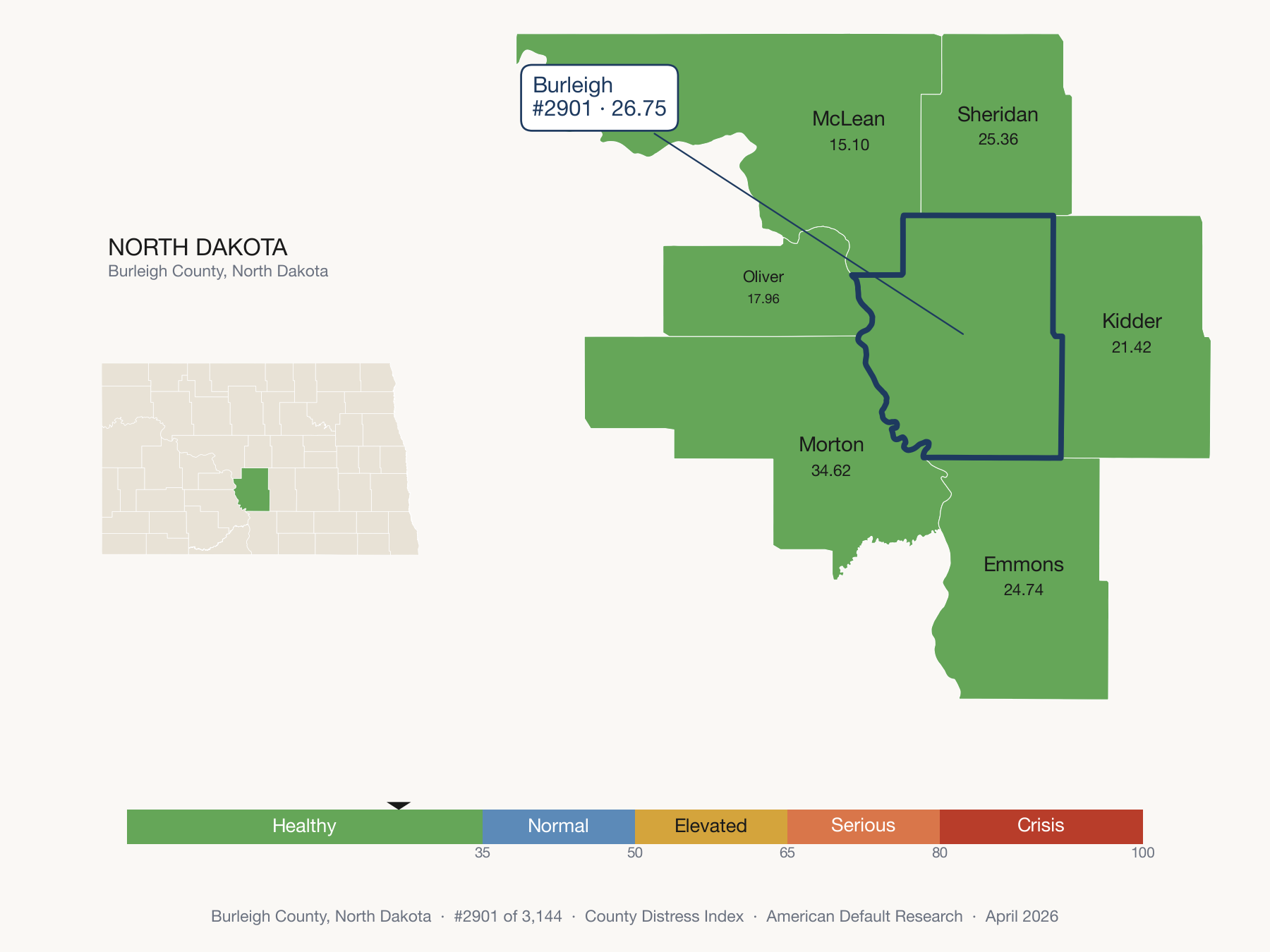County Distress Index cluster map. Burleigh County, North Dakota and its neighbors colored by distress zone.