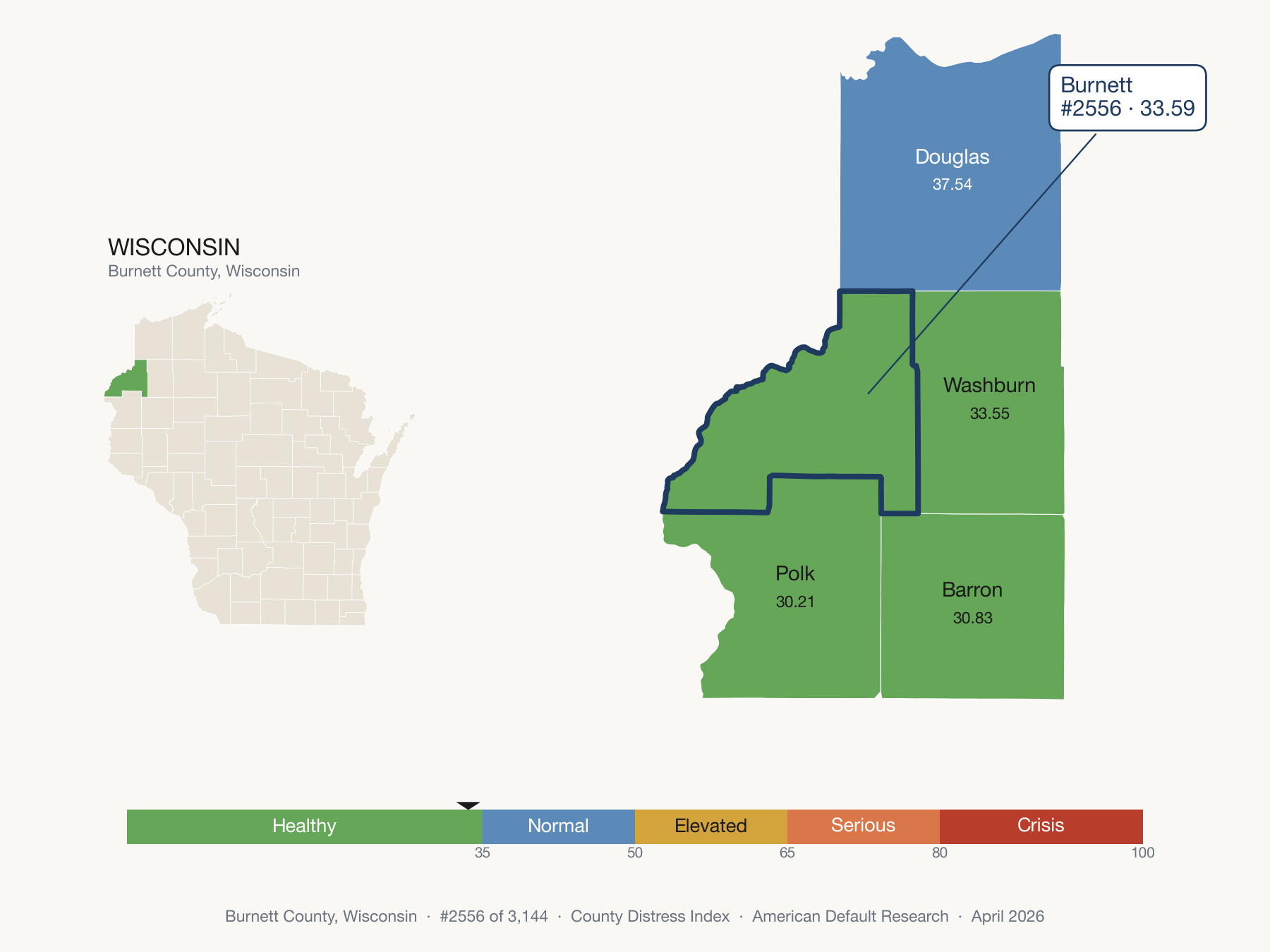 County Distress Index cluster map. Burnett County, Wisconsin and its neighbors colored by distress zone.