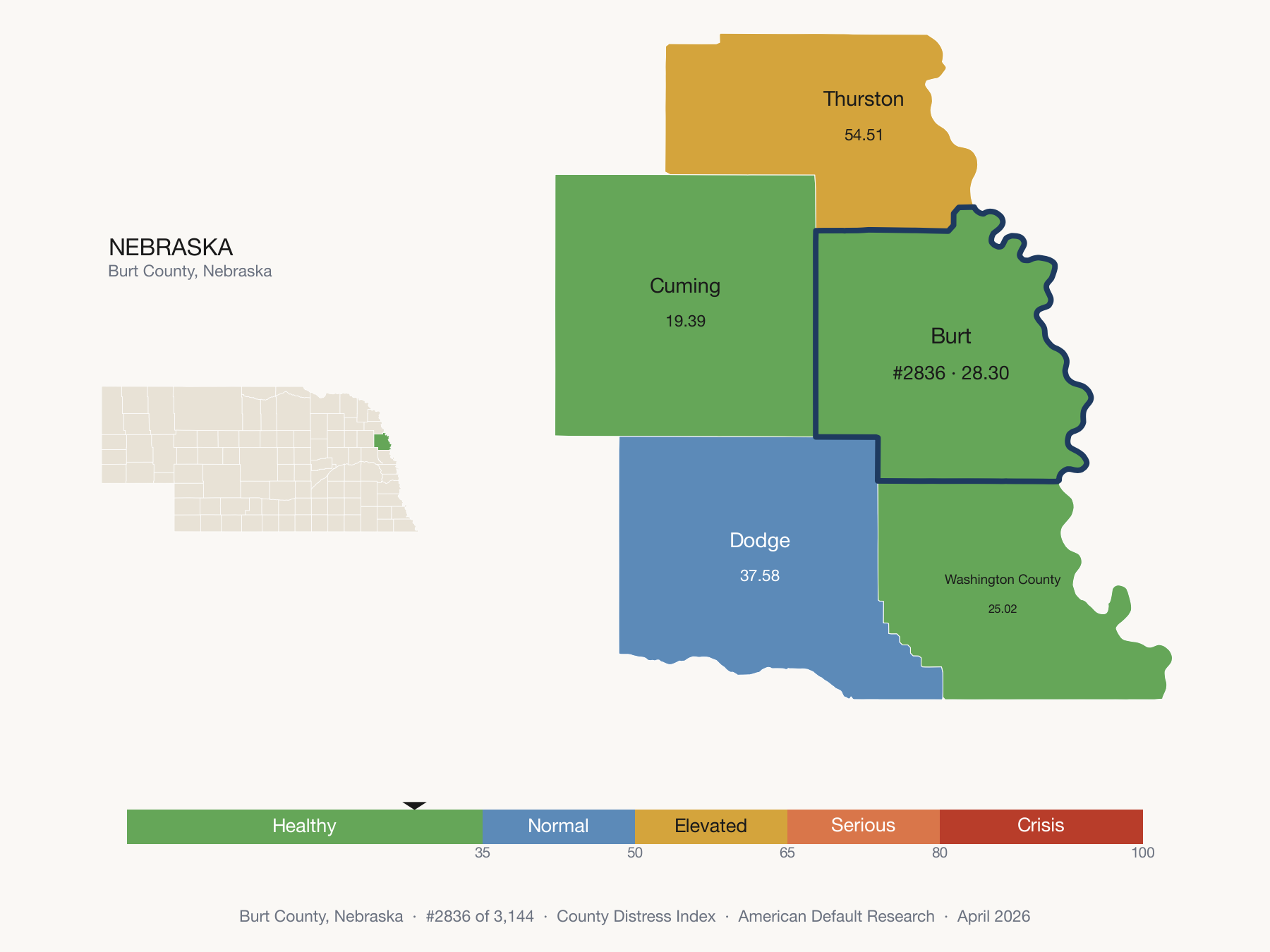 County Distress Index cluster map. Burt County, Nebraska and its neighbors colored by distress fifth.