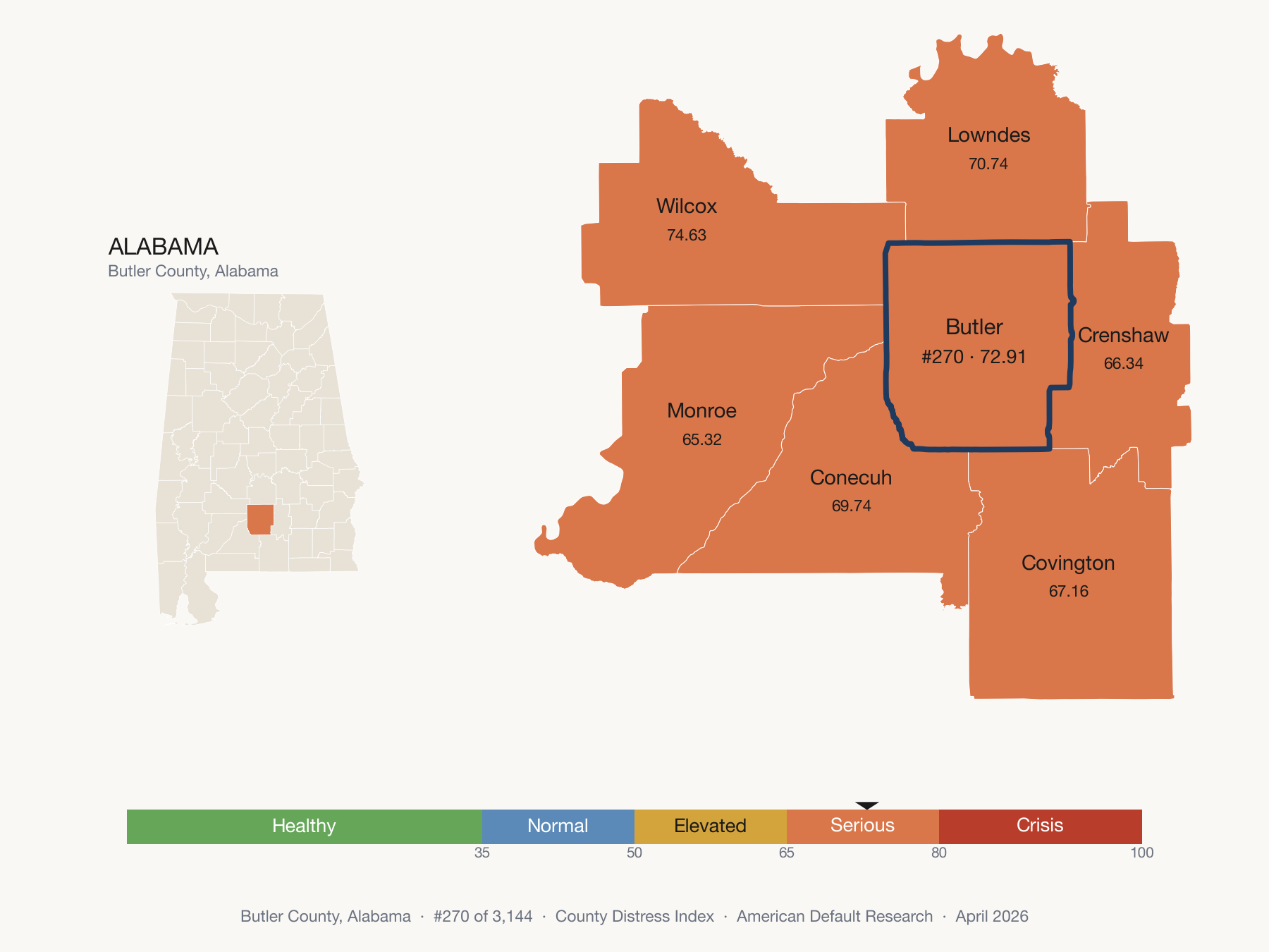 County Distress Index cluster map. Butler County, Alabama and its neighbors colored by distress fifth.