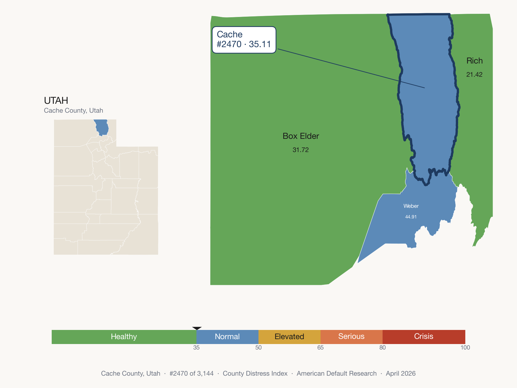 County Distress Index cluster map. Cache County, Utah and its neighbors colored by distress zone.