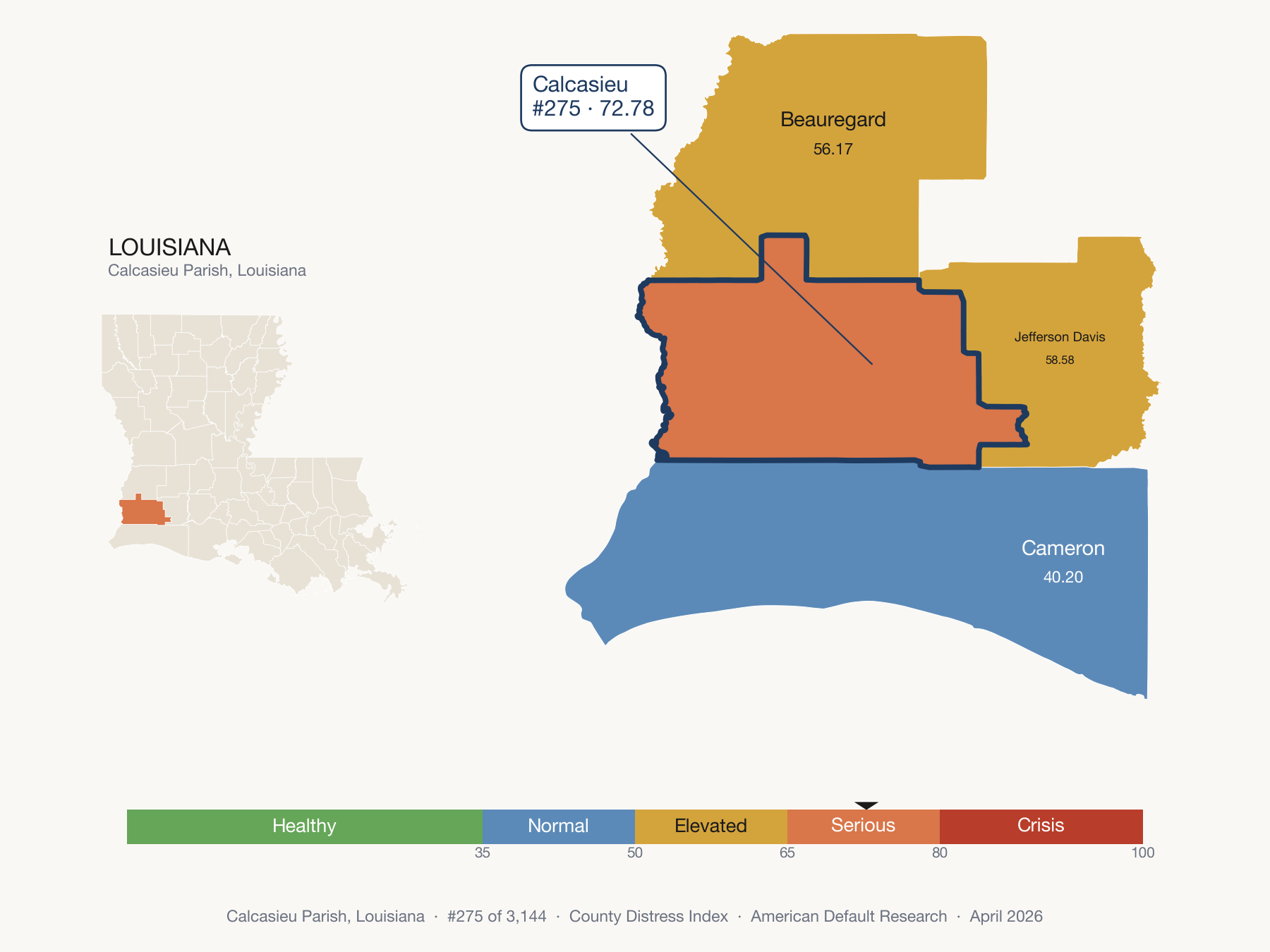 County Distress Index cluster map. Calcasieu Parish, Louisiana and its neighbors colored by distress fifth.
