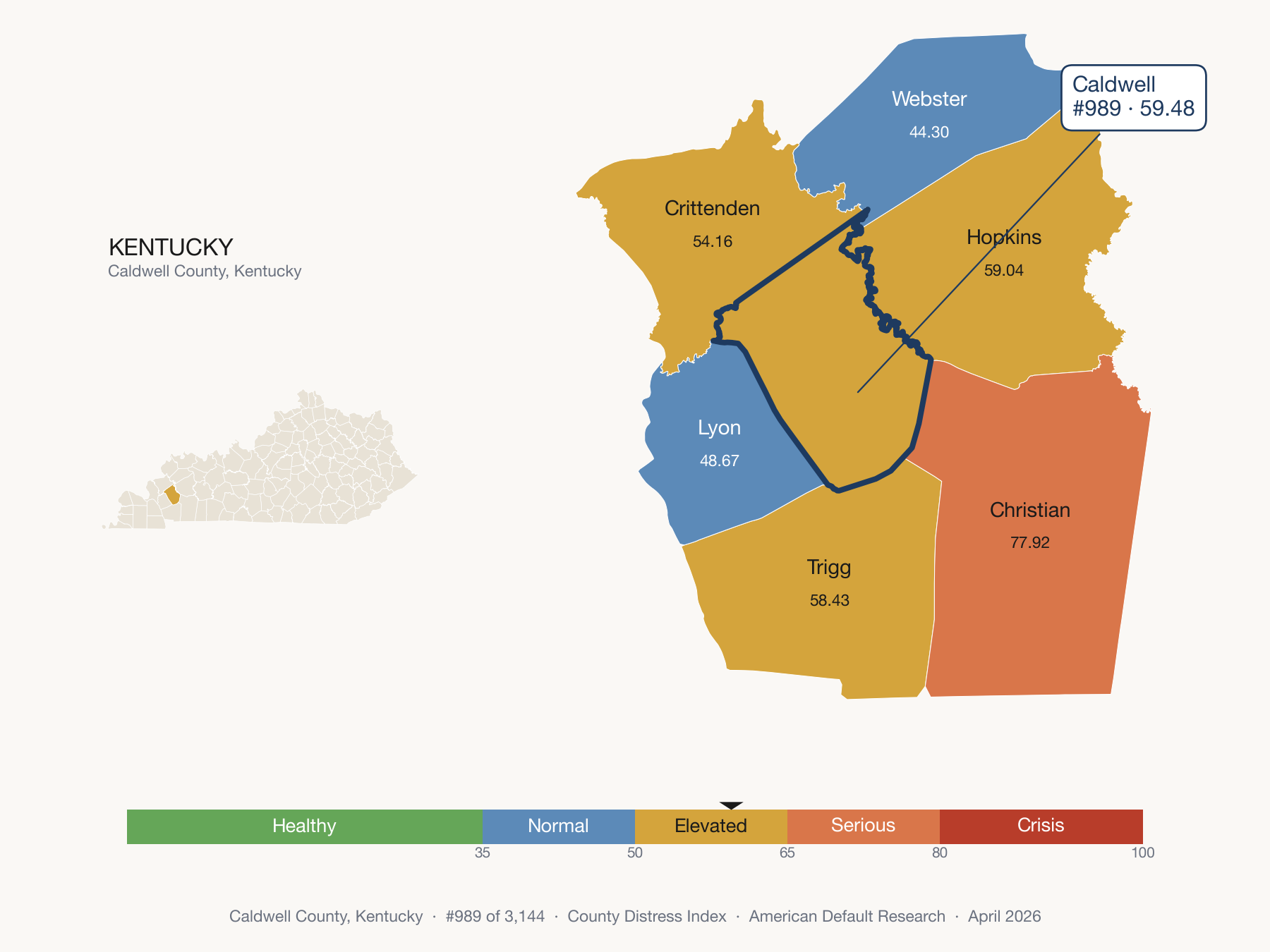 County Distress Index cluster map. Caldwell County, Kentucky and its neighbors colored by distress fifth.