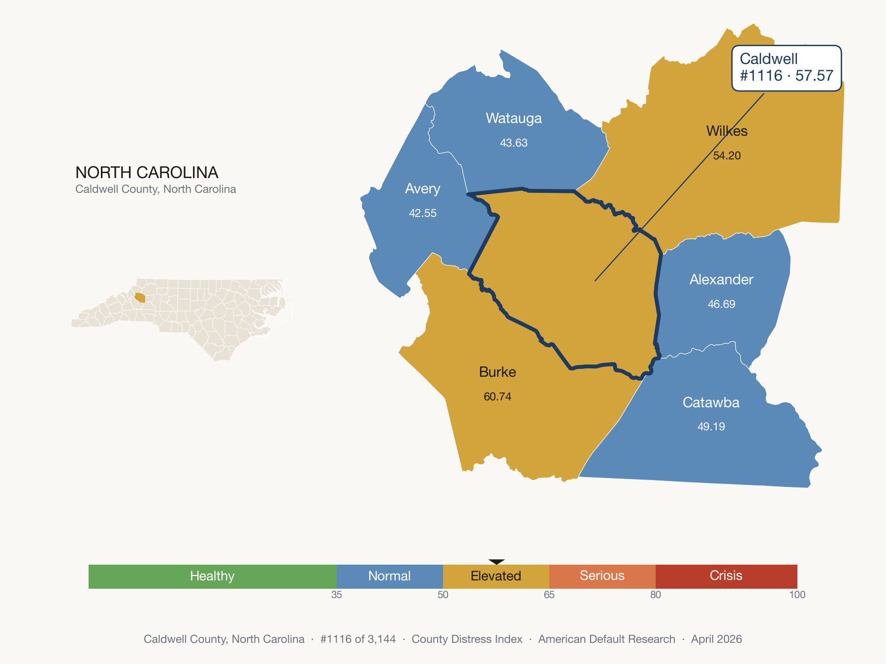 County Distress Index cluster map. Caldwell County, North Carolina and its neighbors colored by distress fifth.