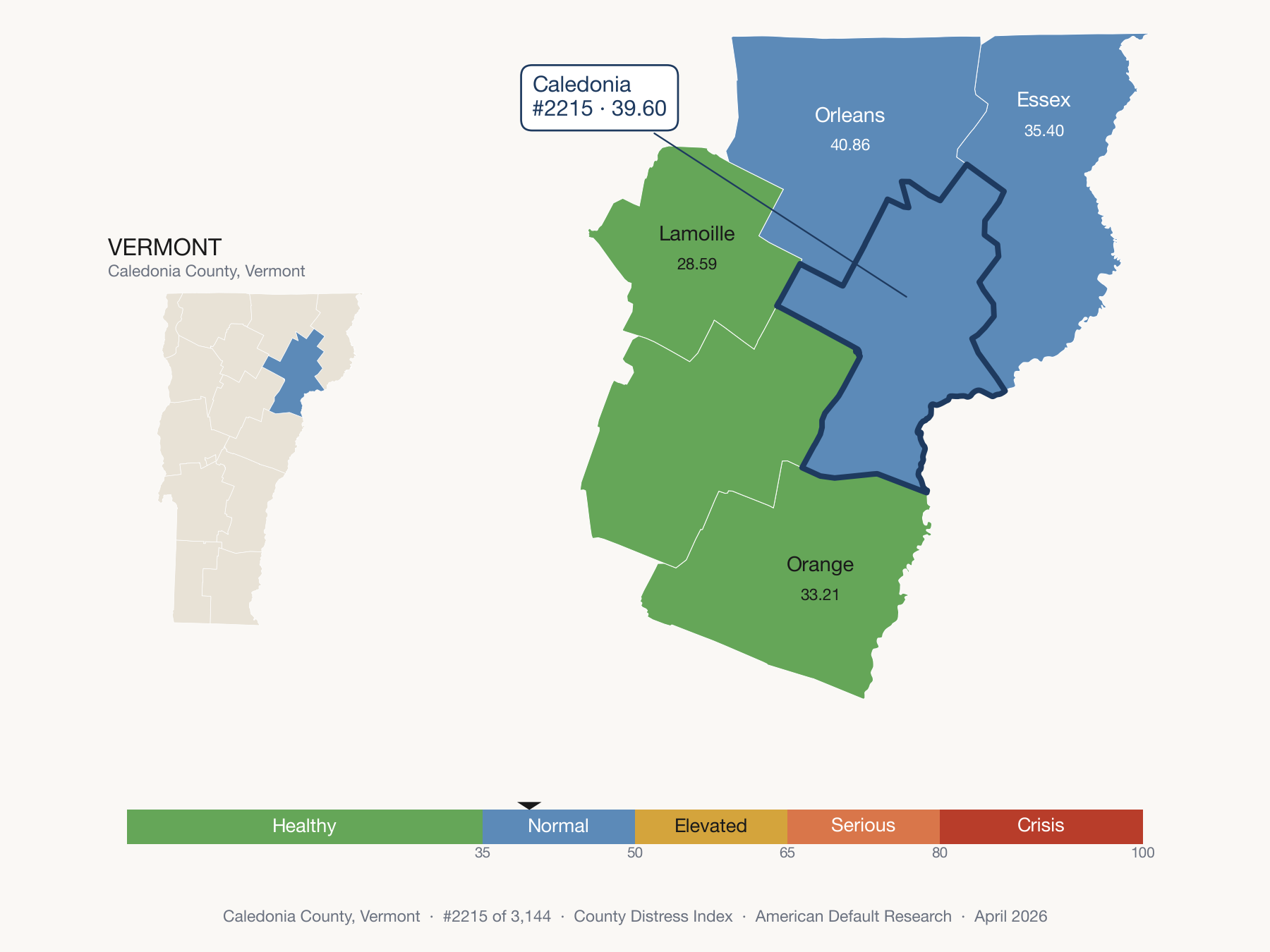 County Distress Index cluster map. Caledonia County, Vermont and its neighbors colored by distress fifth.