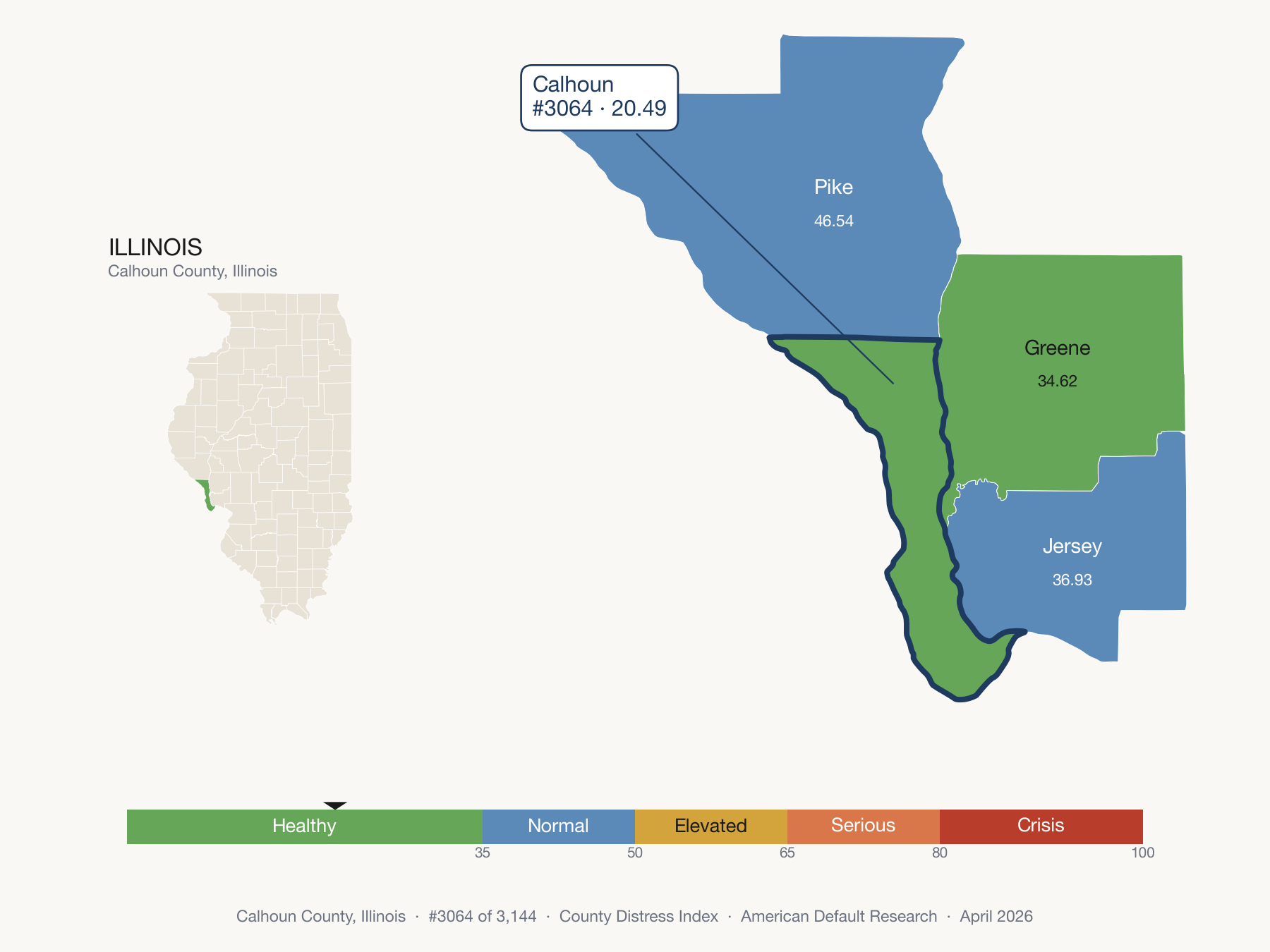 County Distress Index cluster map. Calhoun County, Illinois and its neighbors colored by distress zone.