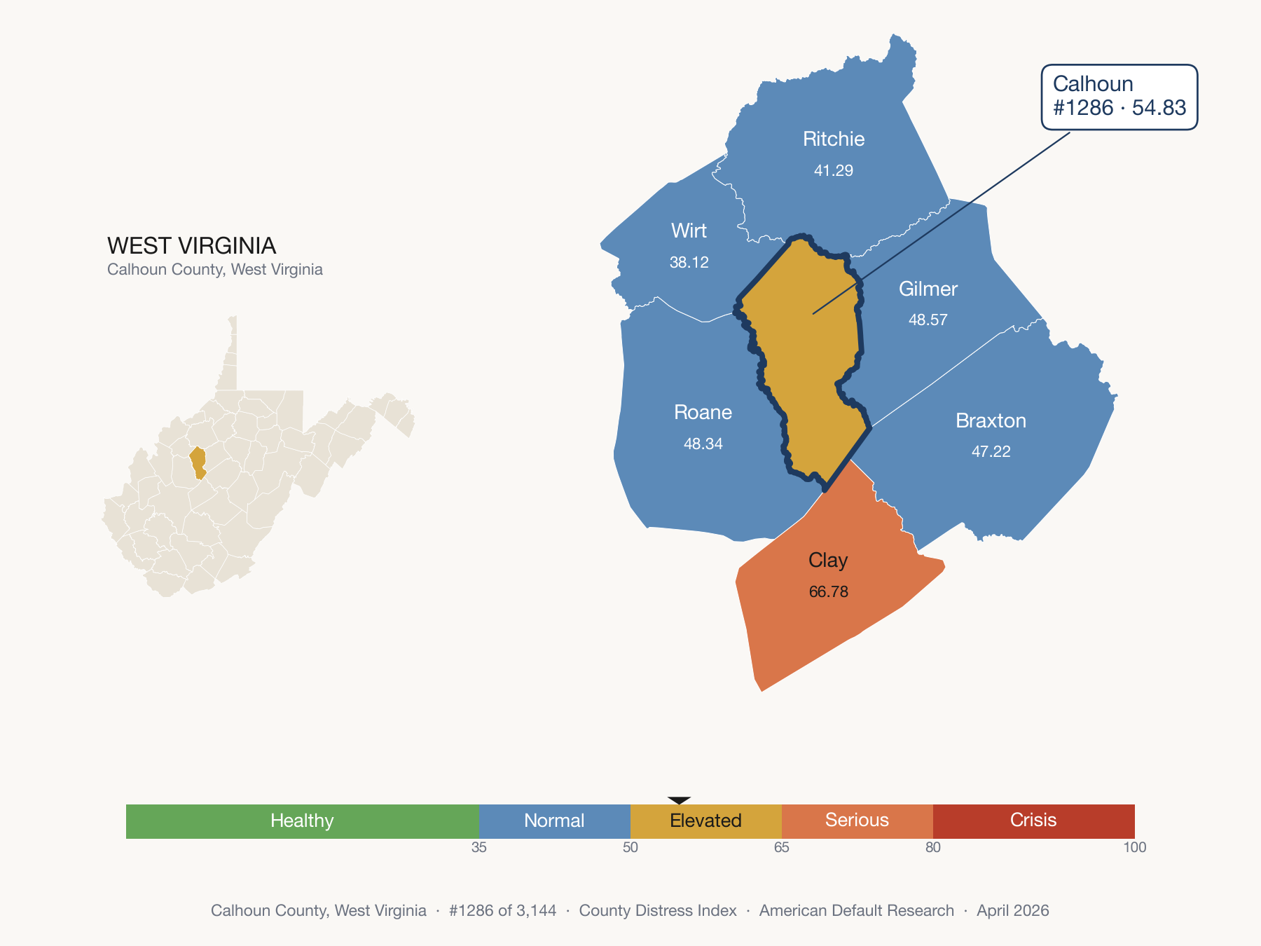 County Distress Index cluster map. Calhoun County, West Virginia and its neighbors colored by distress zone.