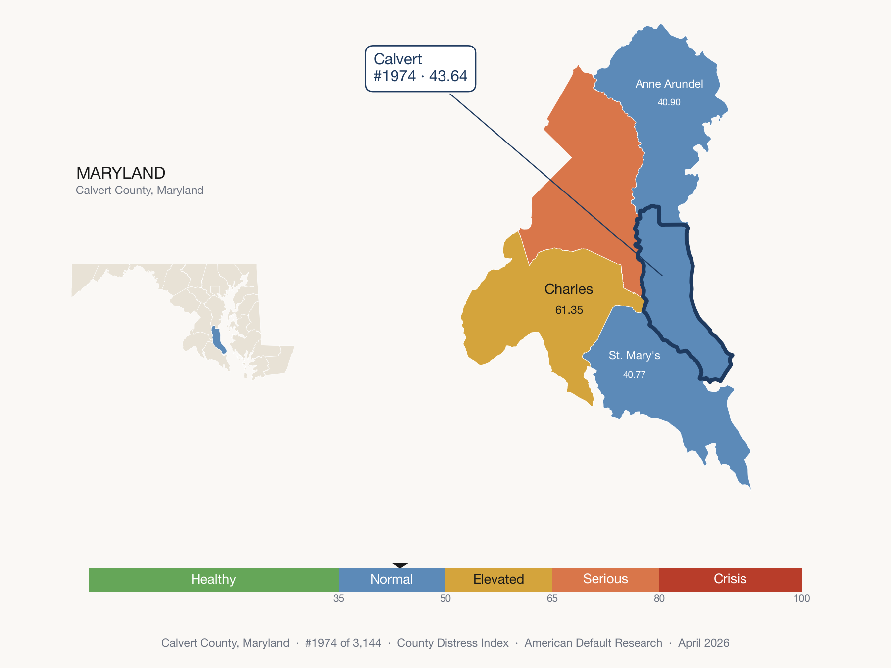 County Distress Index cluster map. Calvert County, Maryland and its neighbors colored by distress fifth.