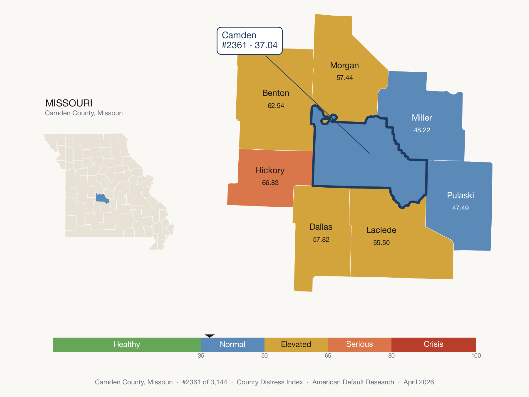 County Distress Index cluster map. Camden County, Missouri and its neighbors colored by distress fifth.