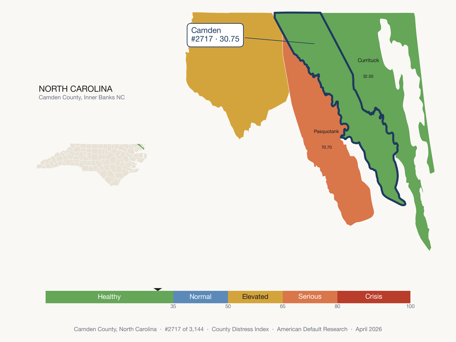County Distress Index cluster map. Camden County, North Carolina and its neighbors colored by distress fifth.