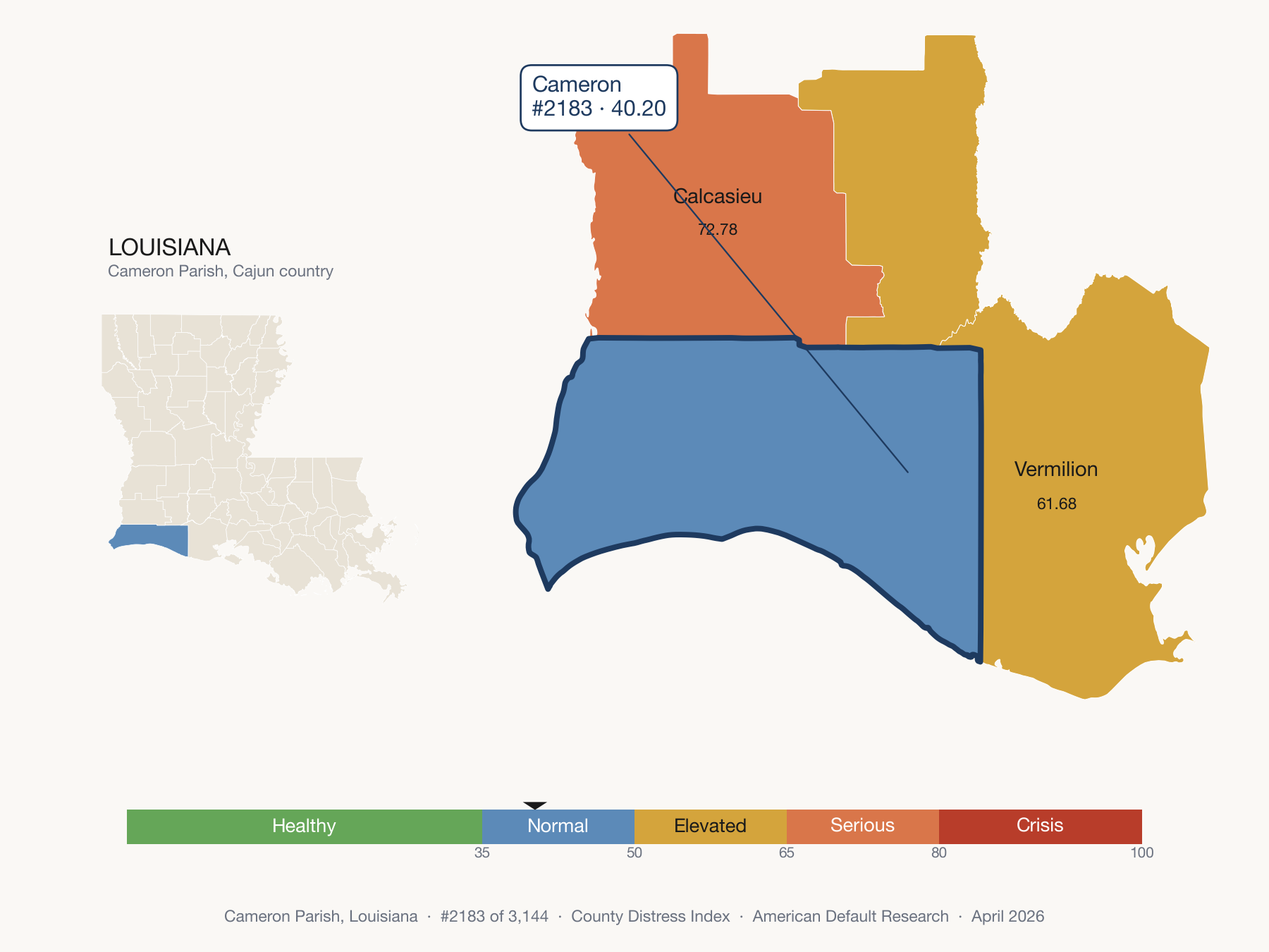 County Distress Index cluster map. Cameron Parish, Louisiana and its neighbors colored by distress fifth.