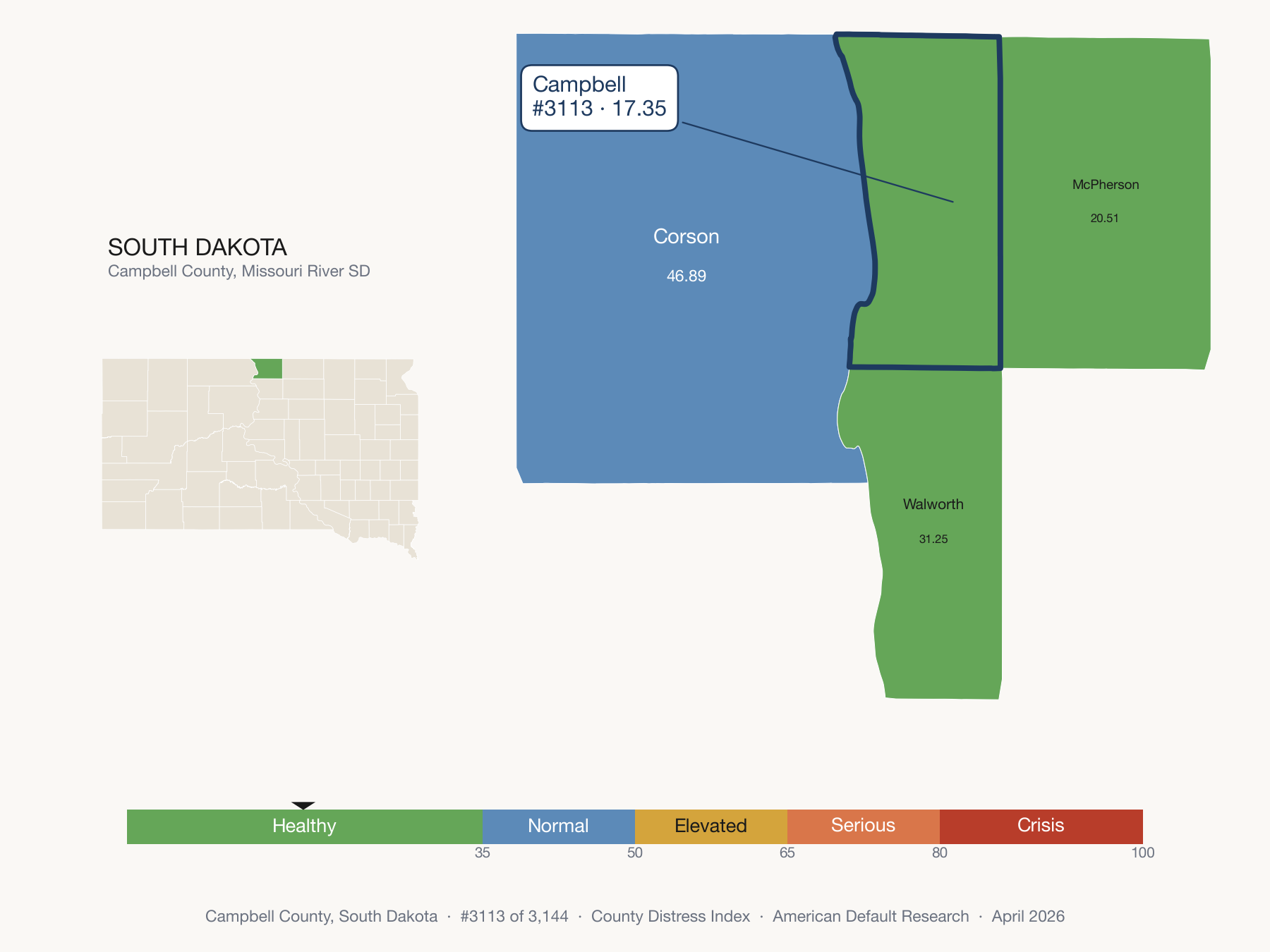 County Distress Index cluster map. Campbell County, South Dakota and its neighbors colored by distress zone.