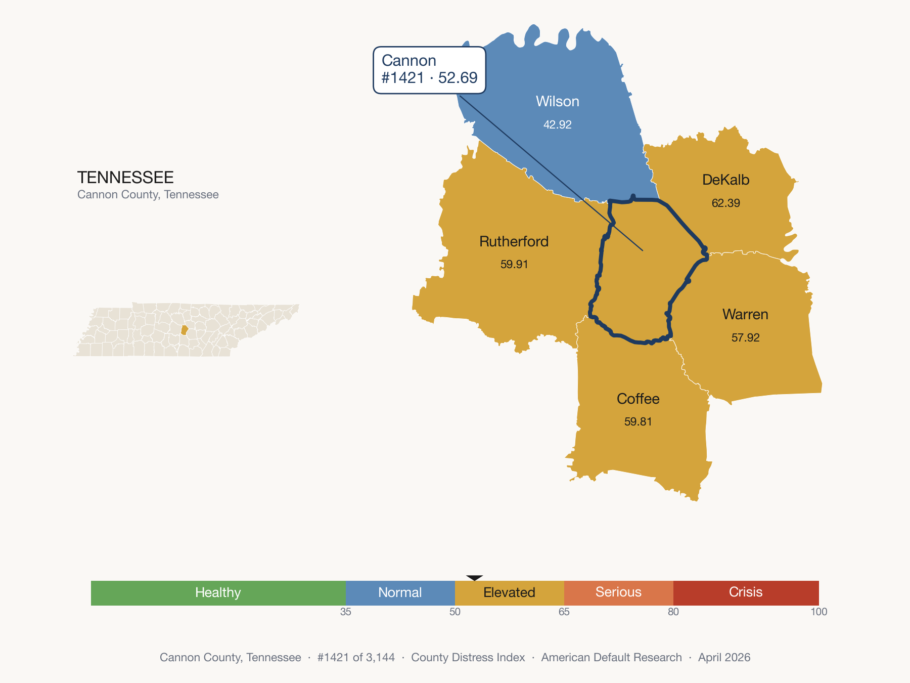 County Distress Index cluster map. Cannon County, Tennessee and its neighbors colored by distress zone.