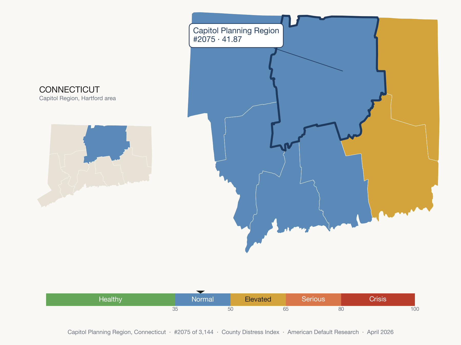 County Distress Index cluster map. Capitol Planning Region, Connecticut and its neighbors colored by distress zone.