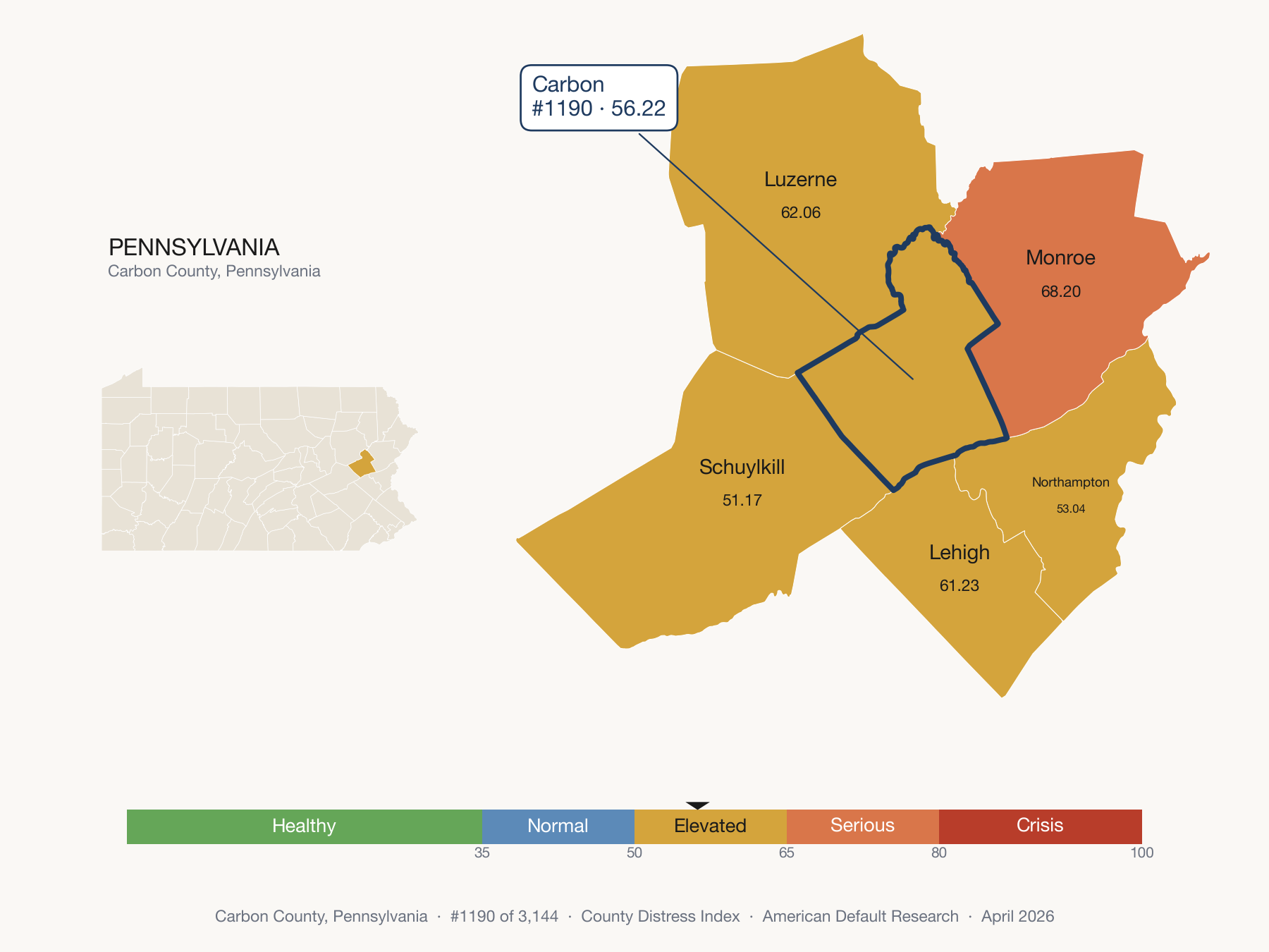 County Distress Index cluster map. Carbon County, Pennsylvania and its neighbors colored by distress fifth.
