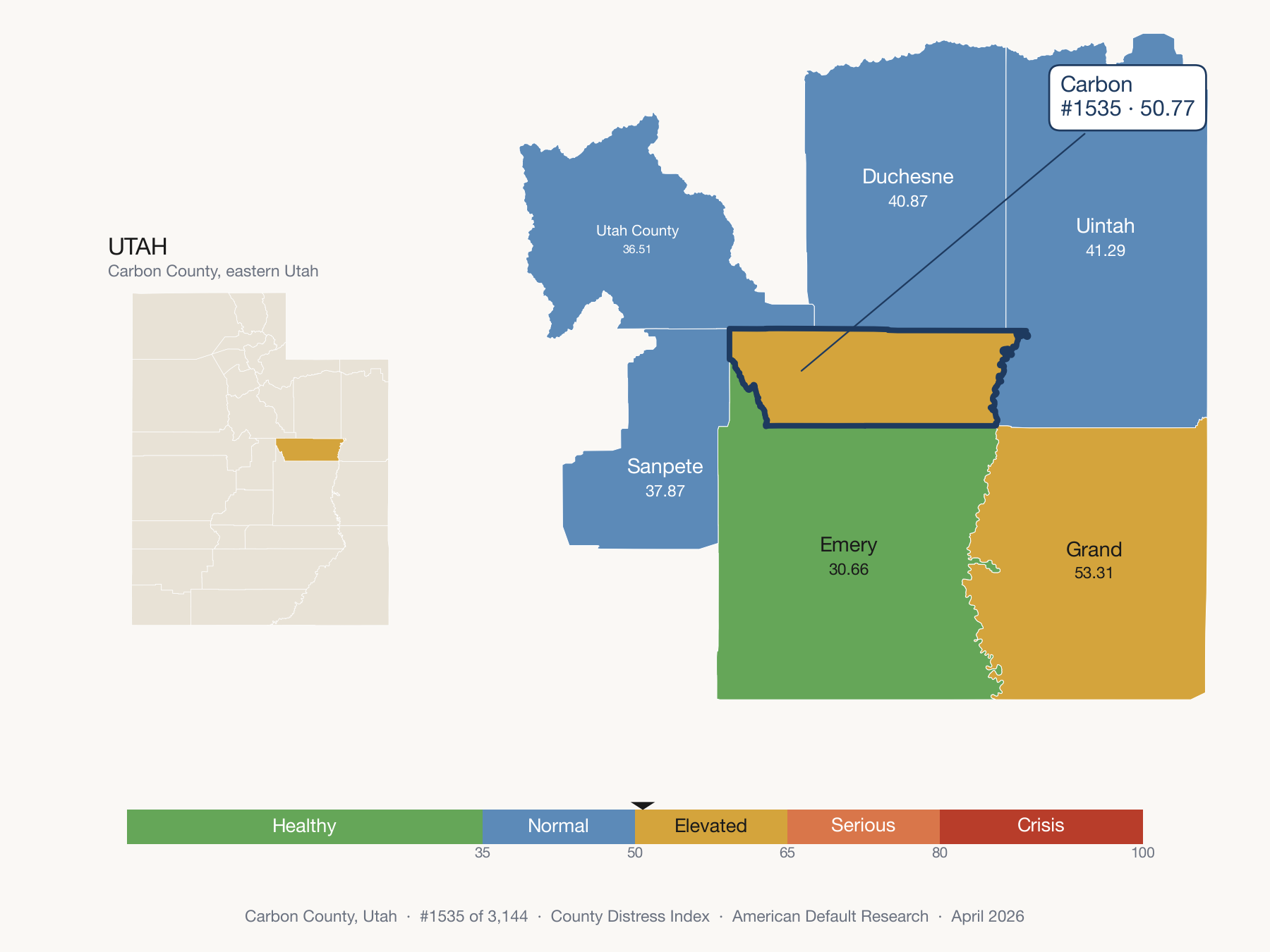 County Distress Index cluster map. Carbon County, Utah and its neighbors colored by distress fifth.