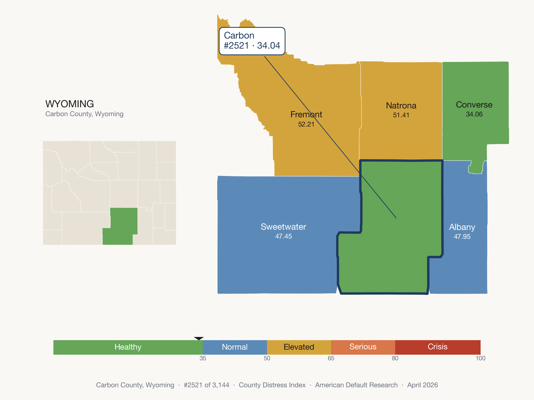 County Distress Index cluster map. Carbon County, Wyoming and its neighbors colored by distress zone.
