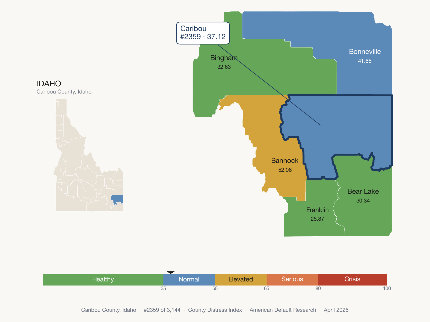 County Distress Index cluster map. Caribou County, Idaho and its neighbors colored by distress fifth.