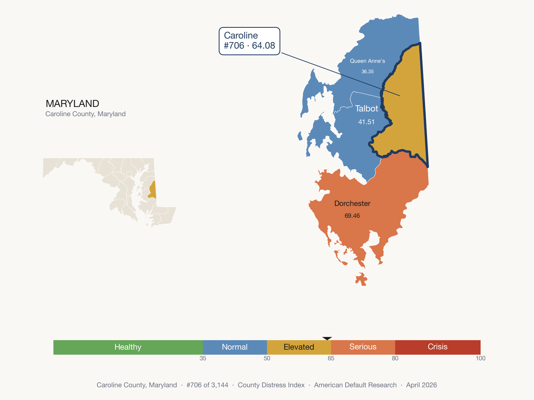 County Distress Index cluster map. Caroline County, Maryland and its neighbors colored by distress fifth.