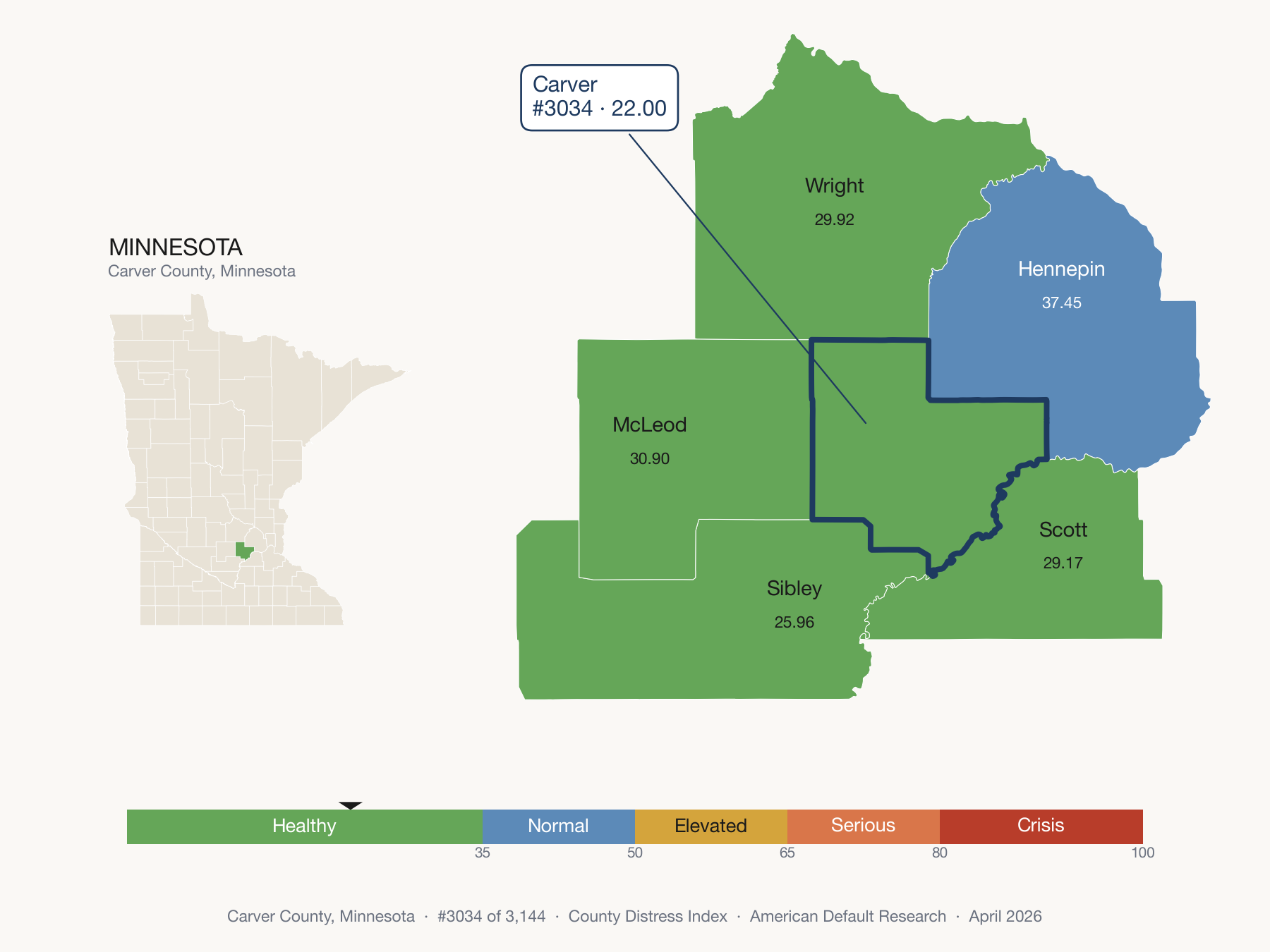 County Distress Index cluster map. Carver County, Minnesota and its neighbors colored by distress zone.