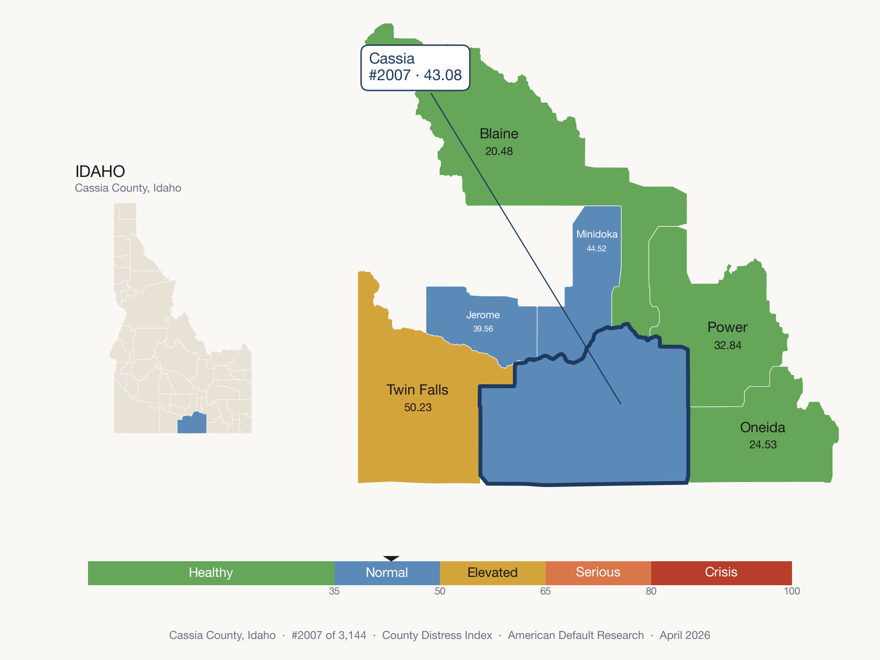 County Distress Index cluster map. Cassia County, Idaho and its neighbors colored by distress zone.