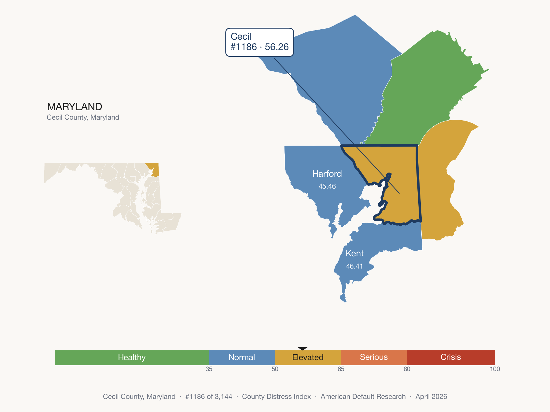County Distress Index cluster map. Cecil County, Maryland and its neighbors colored by distress fifth.