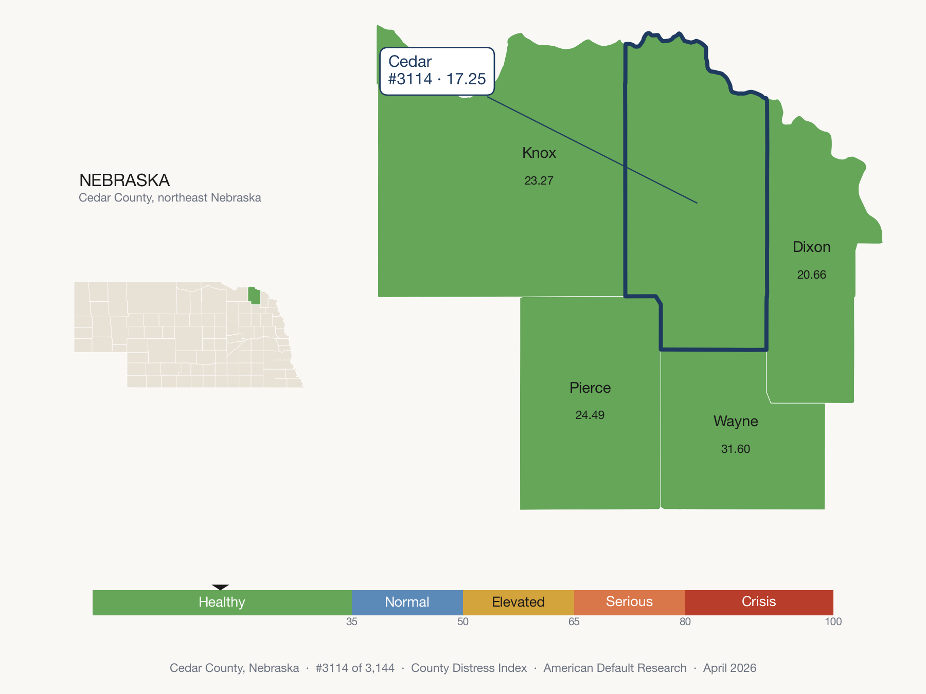 County Distress Index cluster map. Cedar County, Nebraska and its neighbors colored by distress zone.