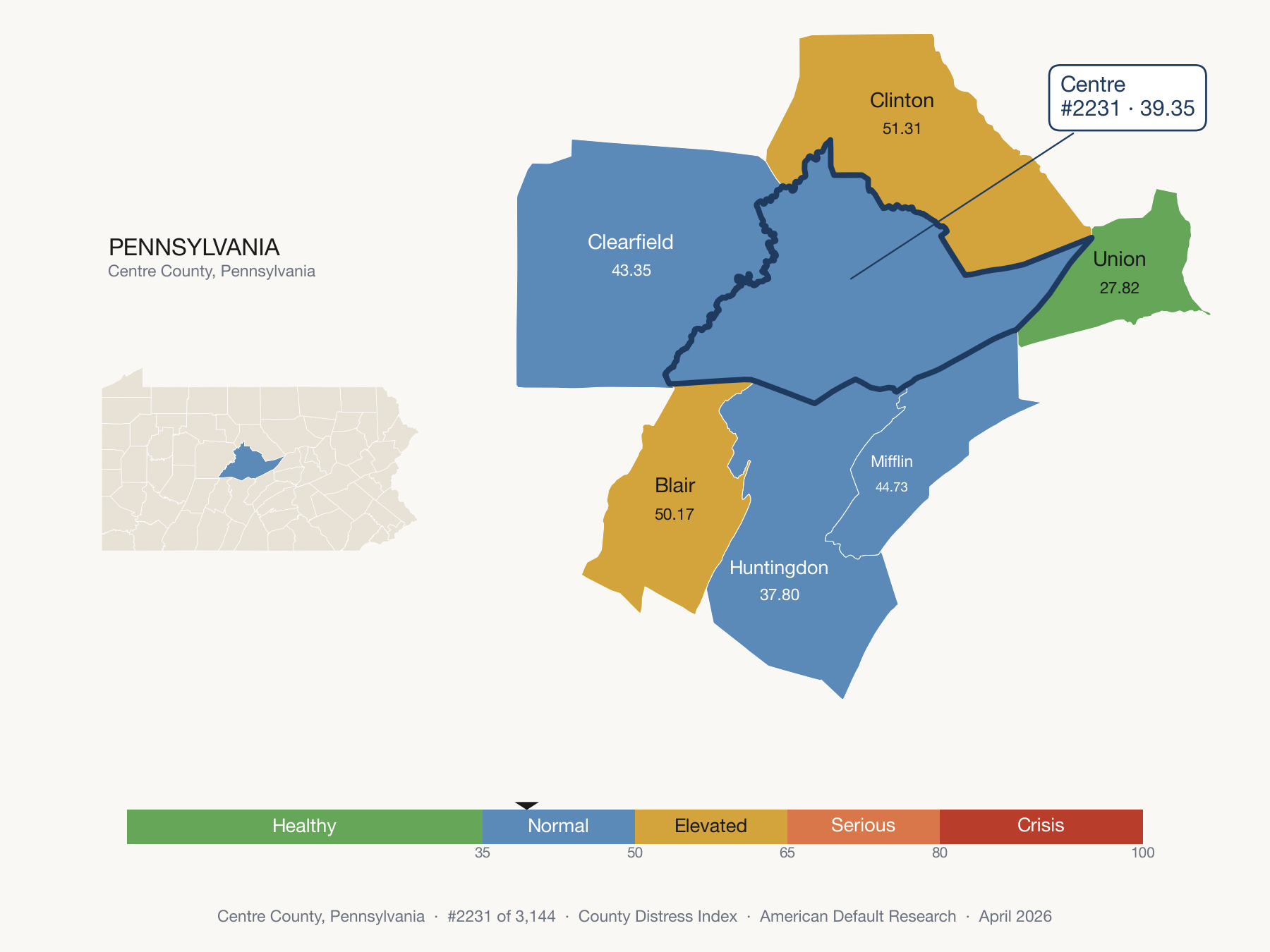County Distress Index cluster map. Centre County, Pennsylvania and its neighbors colored by distress fifth.
